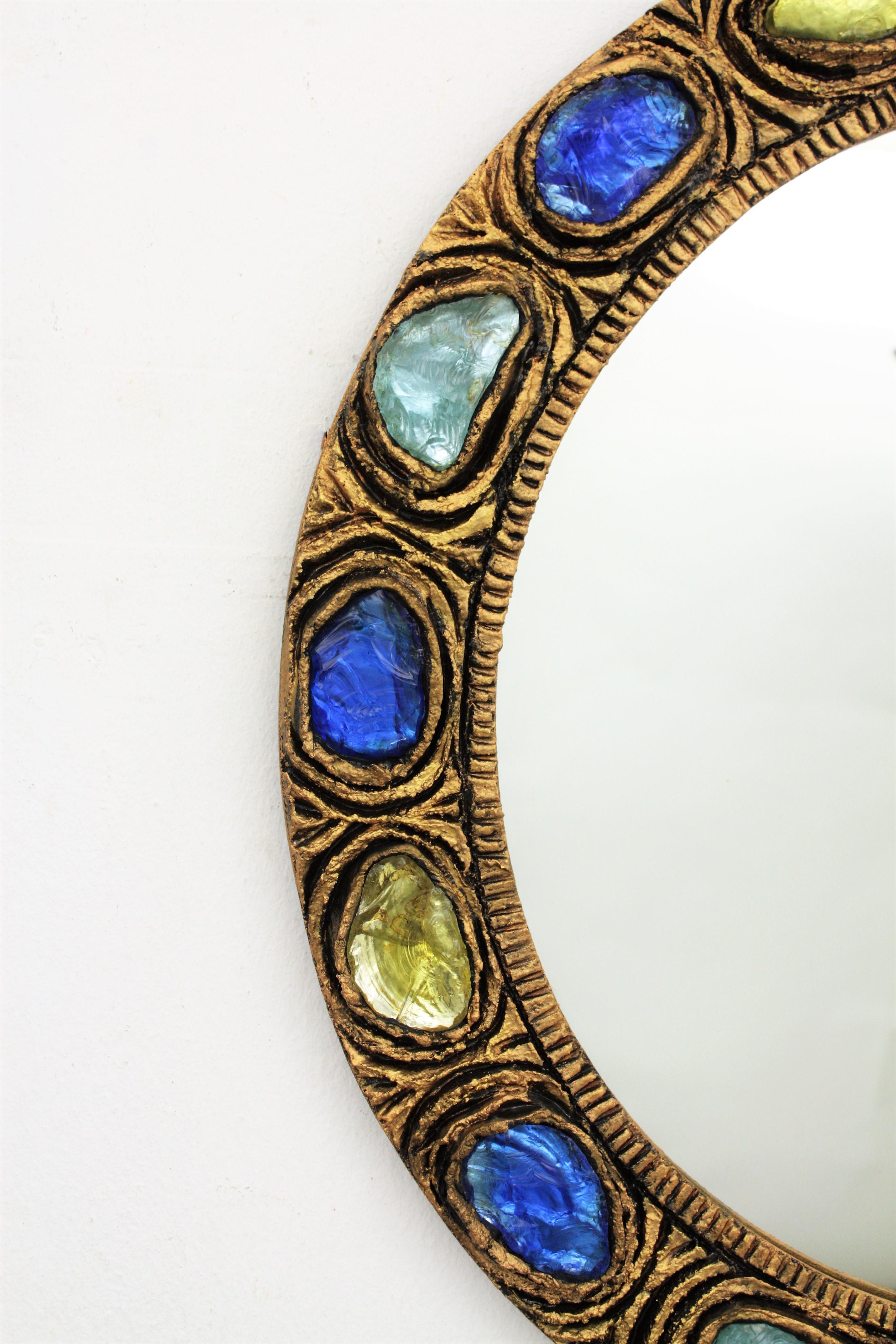 Round Wall Mirror with Blue, Yellow and Turquoise Rock Crystals 4