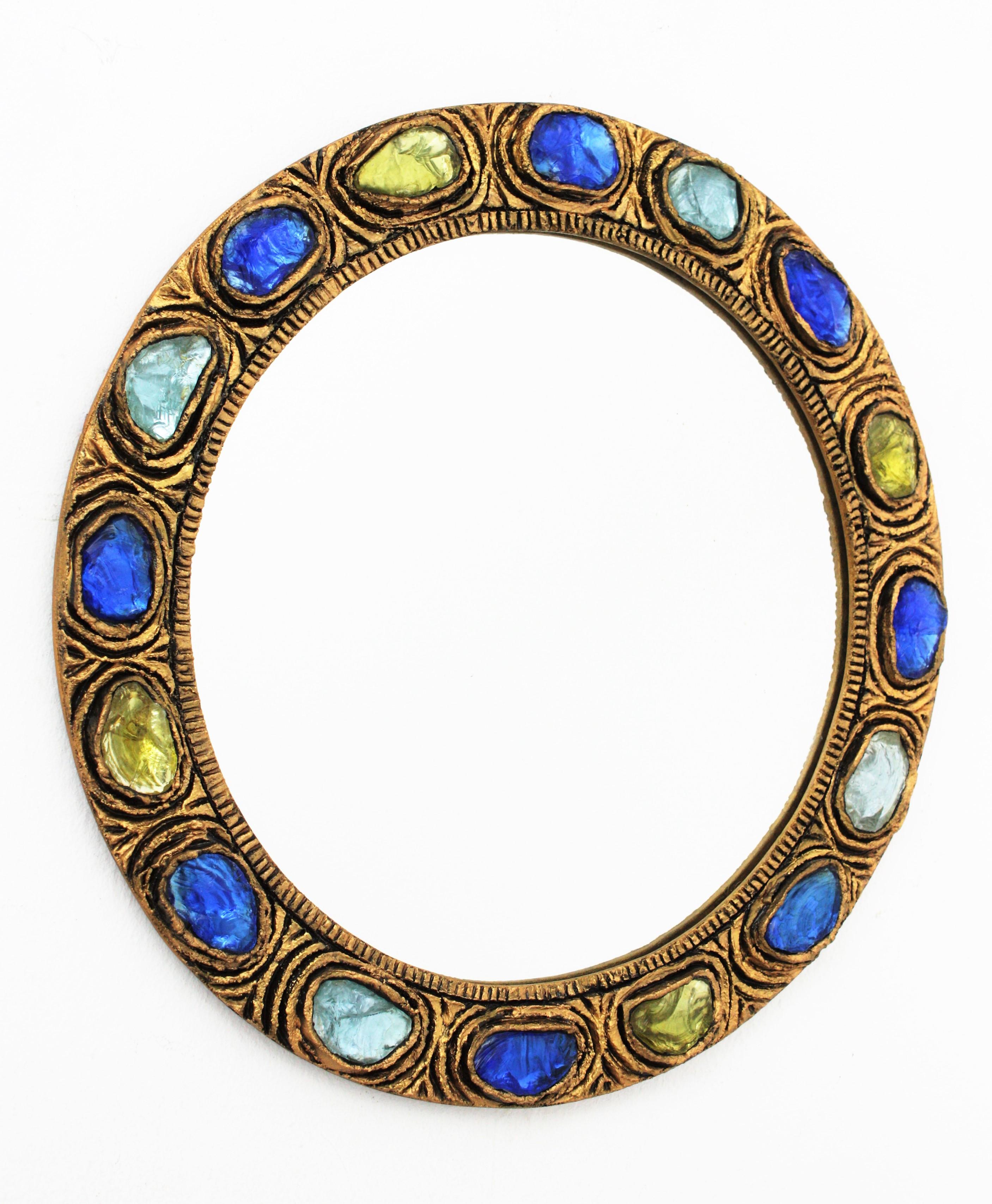 Round Wall Mirror with Blue, Yellow and Turquoise Rock Crystals 6