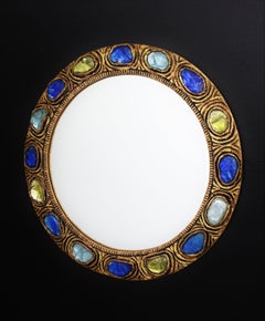 Round Wall Mirror with Blue, Yellow and Turquoise Rock Crystals