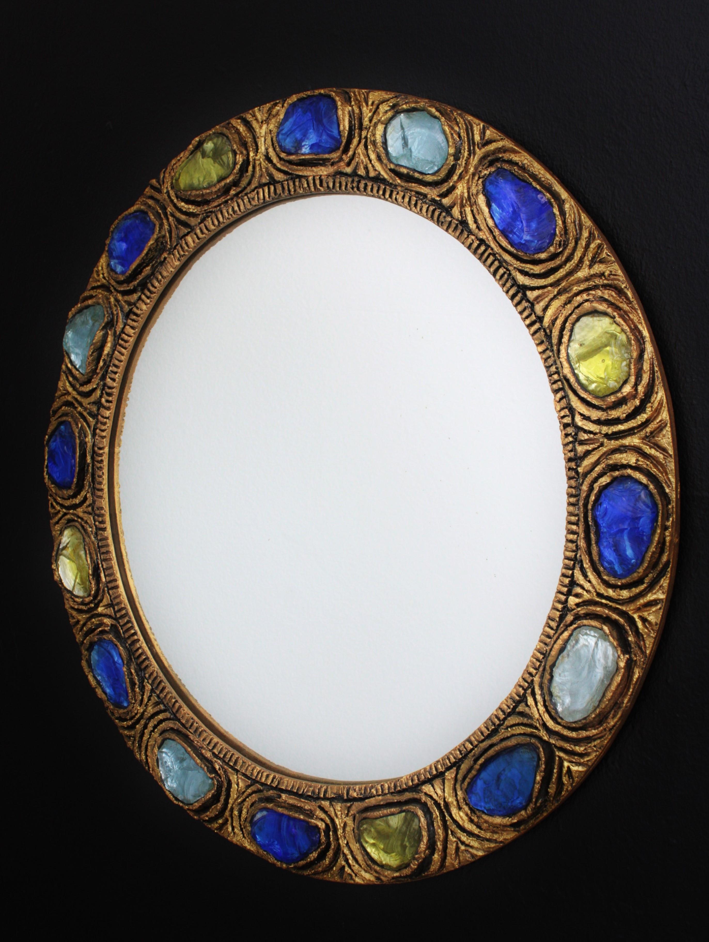 Mid-Century Modern Round Wall Mirror with Blue, Yellow and Turquoise Rock Crystals