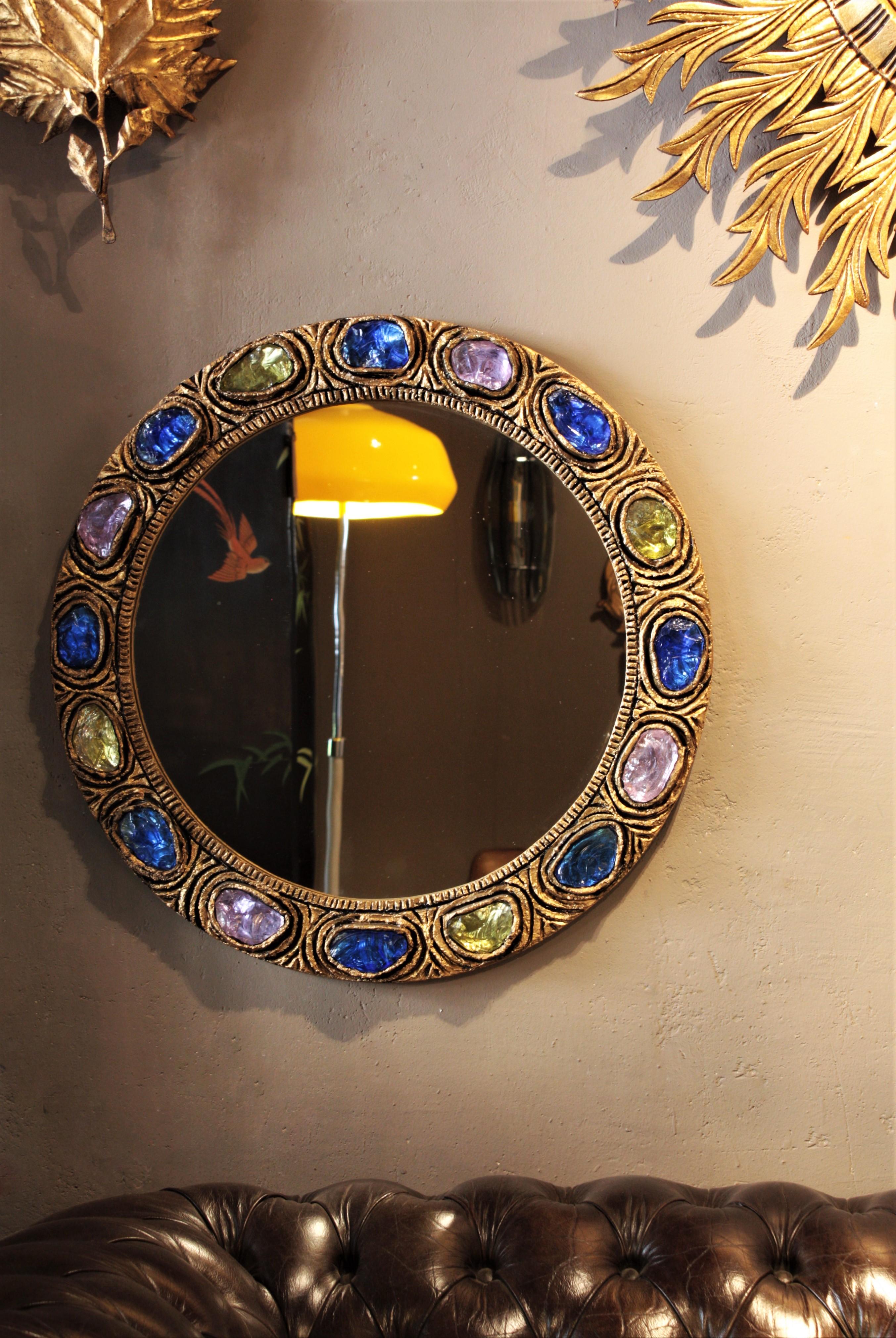Spanish Round Wall Mirror with Blue, Yellow and Turquoise Rock Crystals
