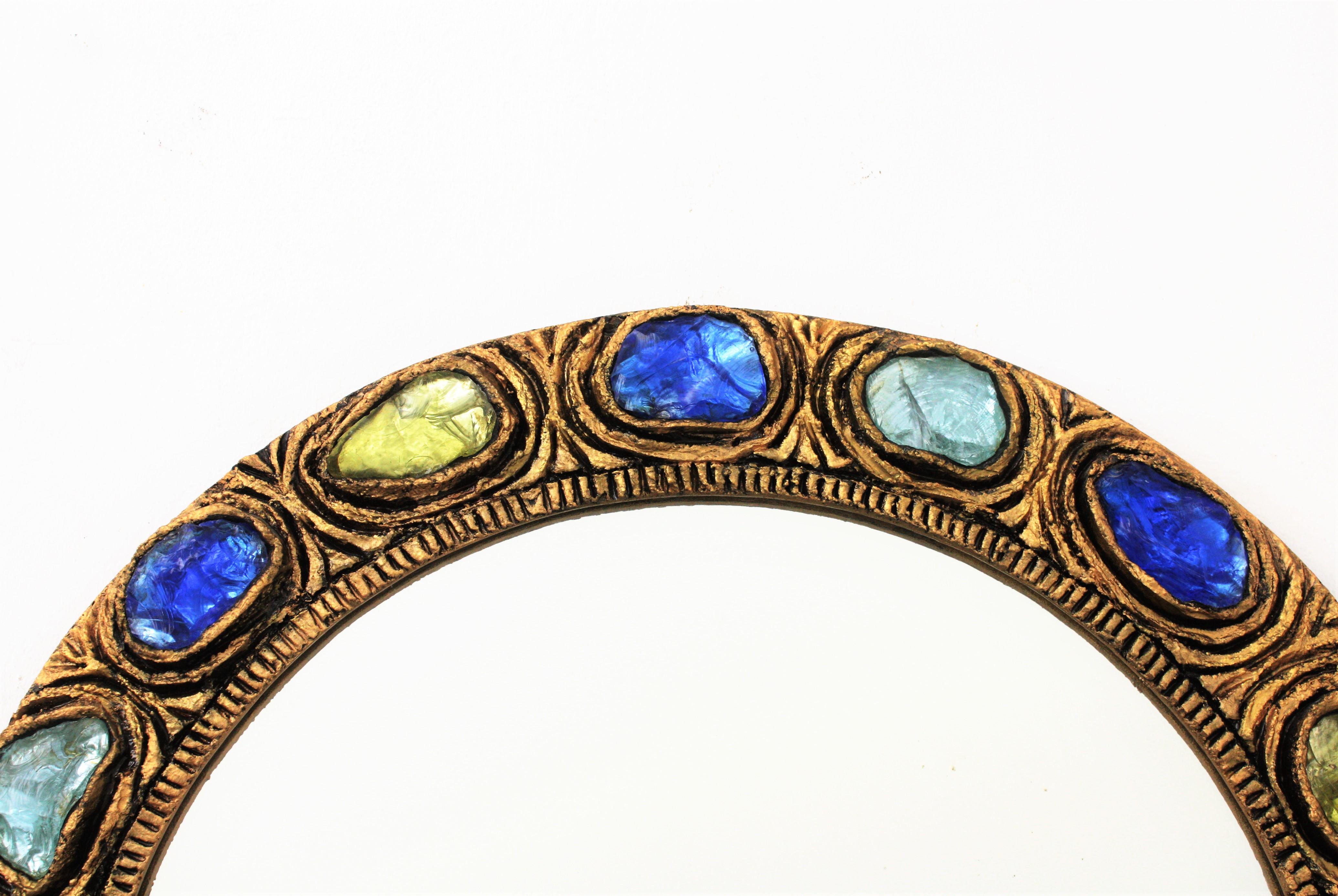 20th Century Round Wall Mirror with Blue, Yellow and Turquoise Rock Crystals