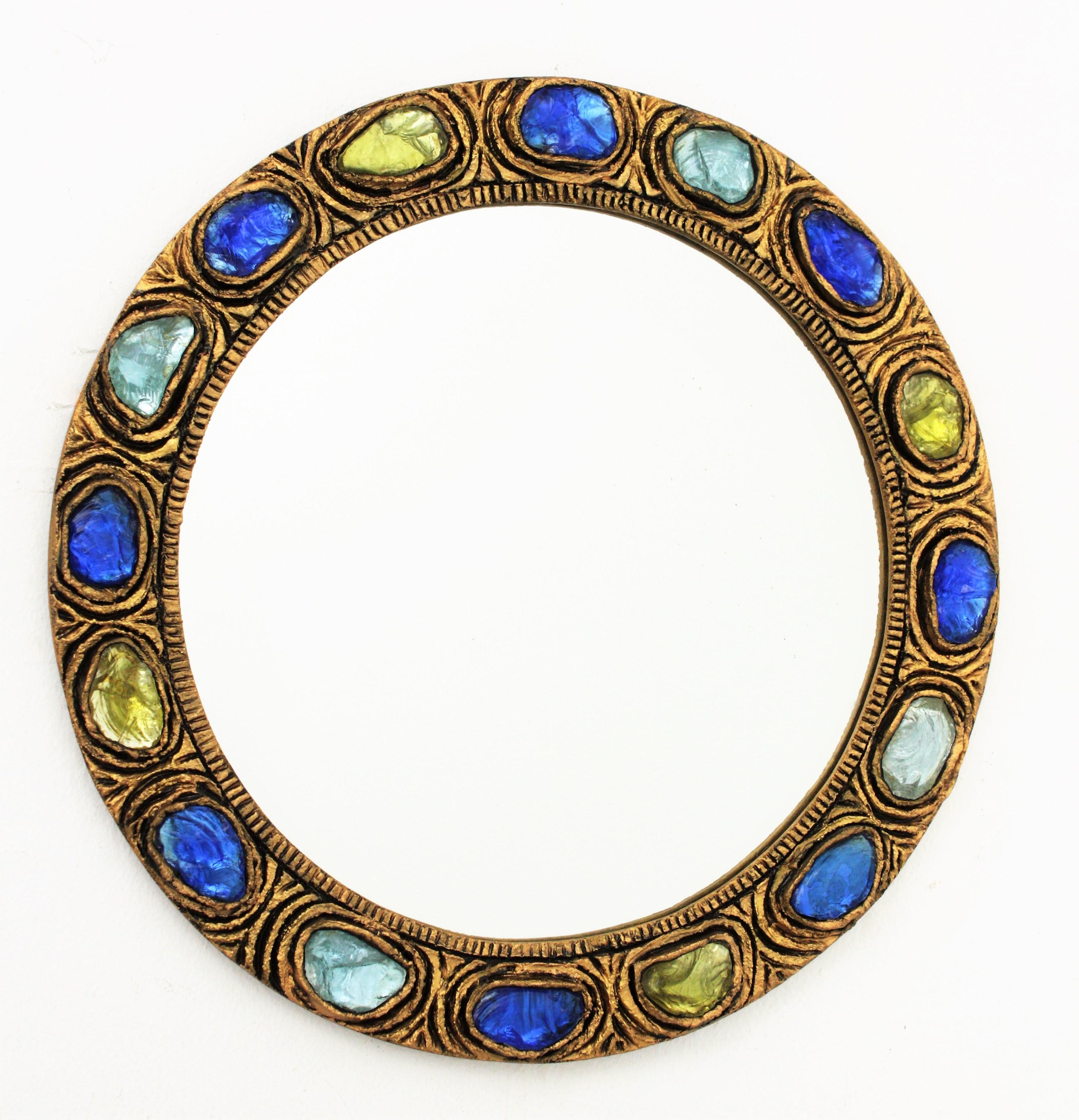 Round Wall Mirror with Blue, Yellow and Turquoise Rock Crystals 1