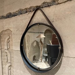 Modern Round Wall Mirror Leather Frame Ebonized Bronze Style after Jacques Adnet