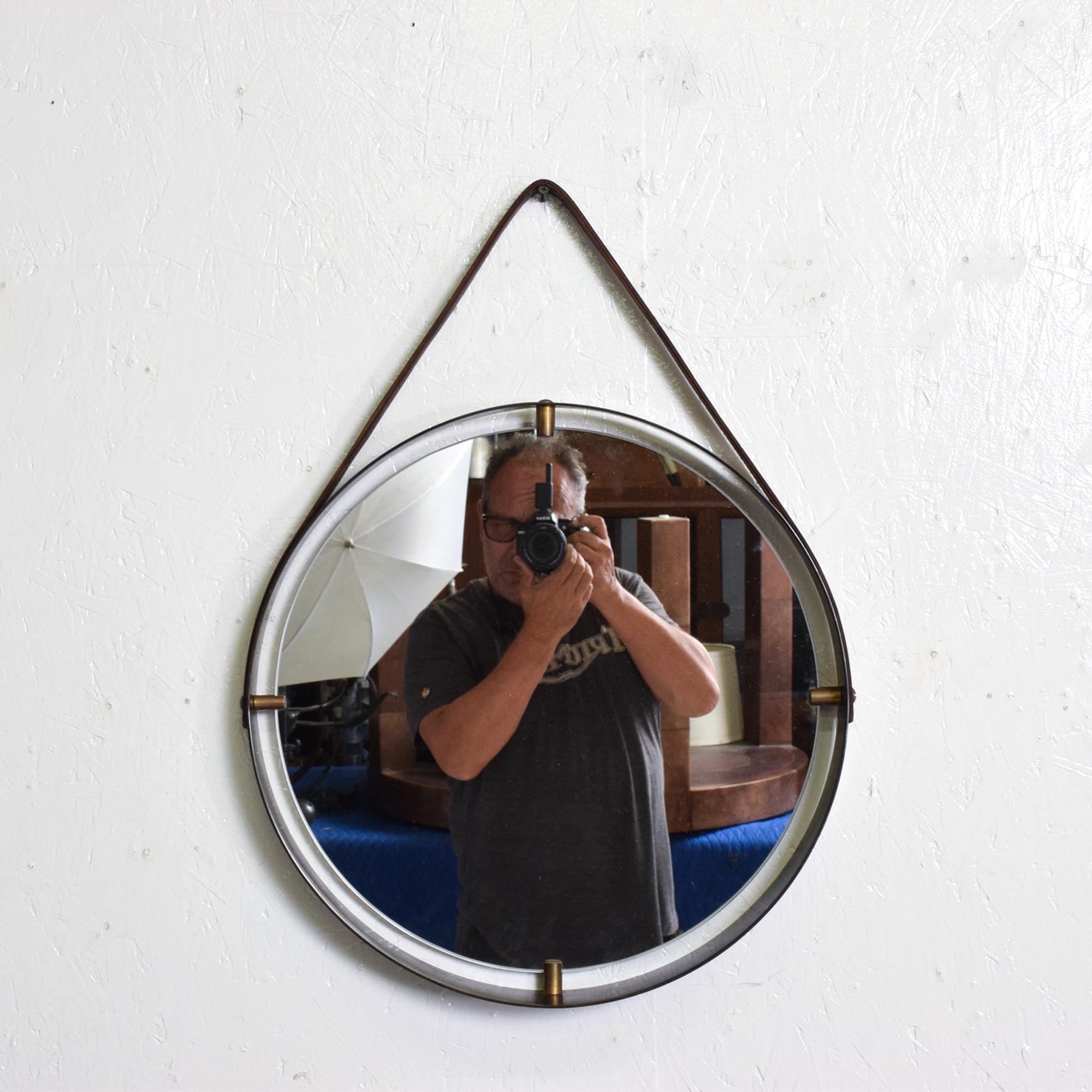 Contemporary Modern Round Wall Mirror Leather Frame Ebonized Bronze Style after Jacques Adnet