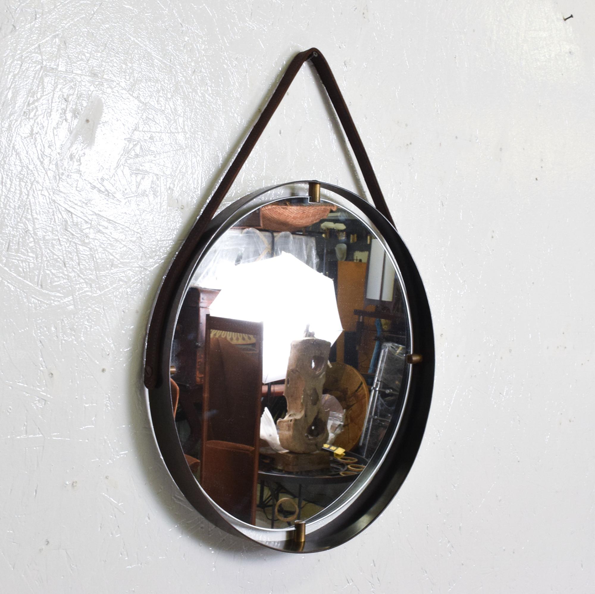 Modern Round Wall Mirror Leather Frame Ebonized Bronze Style after Jacques Adnet 5