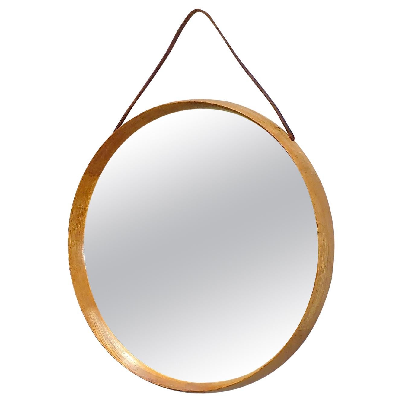 Round Wall Mirror Uno & Östen Kristiansson Luxus Oak Leather Wood Sweden 1960s