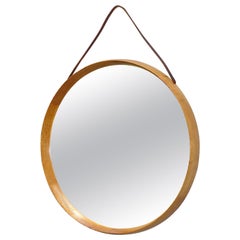 Retro Round Wall Mirror Uno & Östen Kristiansson Luxus Oak Leather Wood Sweden 1960s