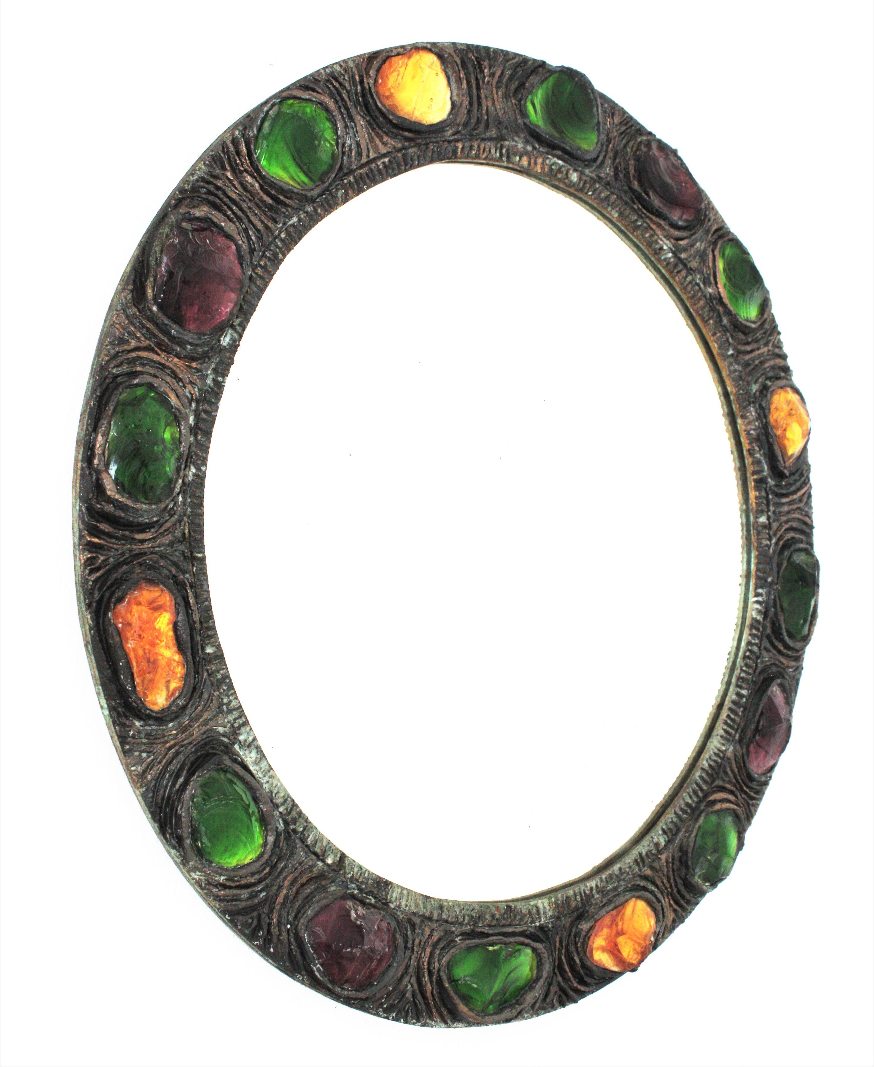 Mid-Century Modern Round Wall Mirror with Multi Color Rock Crystals in Green, Yellow and Purple For Sale