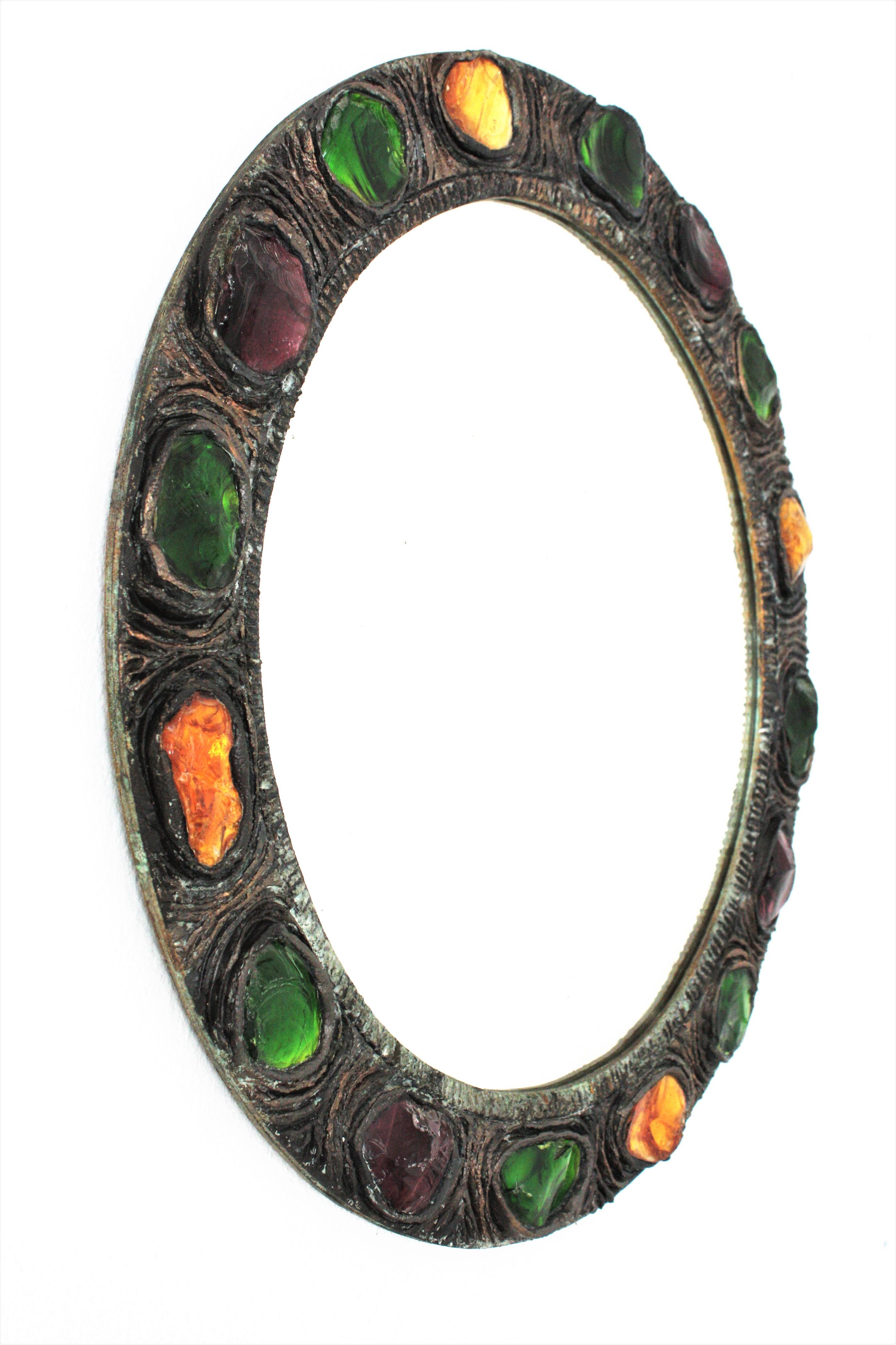 Spanish Round Wall Mirror with Multi Color Rock Crystals in Green, Yellow and Purple For Sale