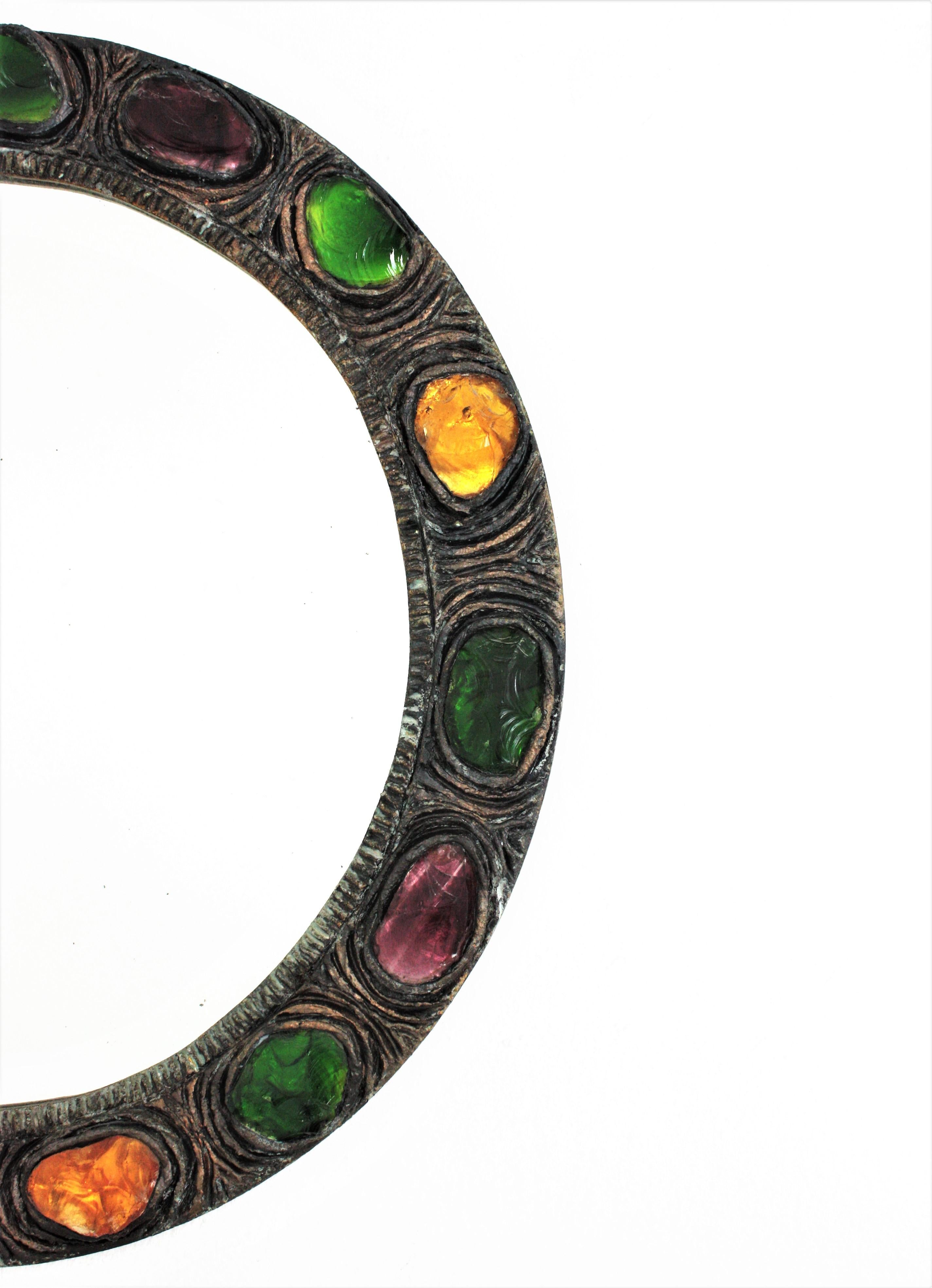 20th Century Round Wall Mirror with Multi Color Rock Crystals in Green, Yellow and Purple For Sale