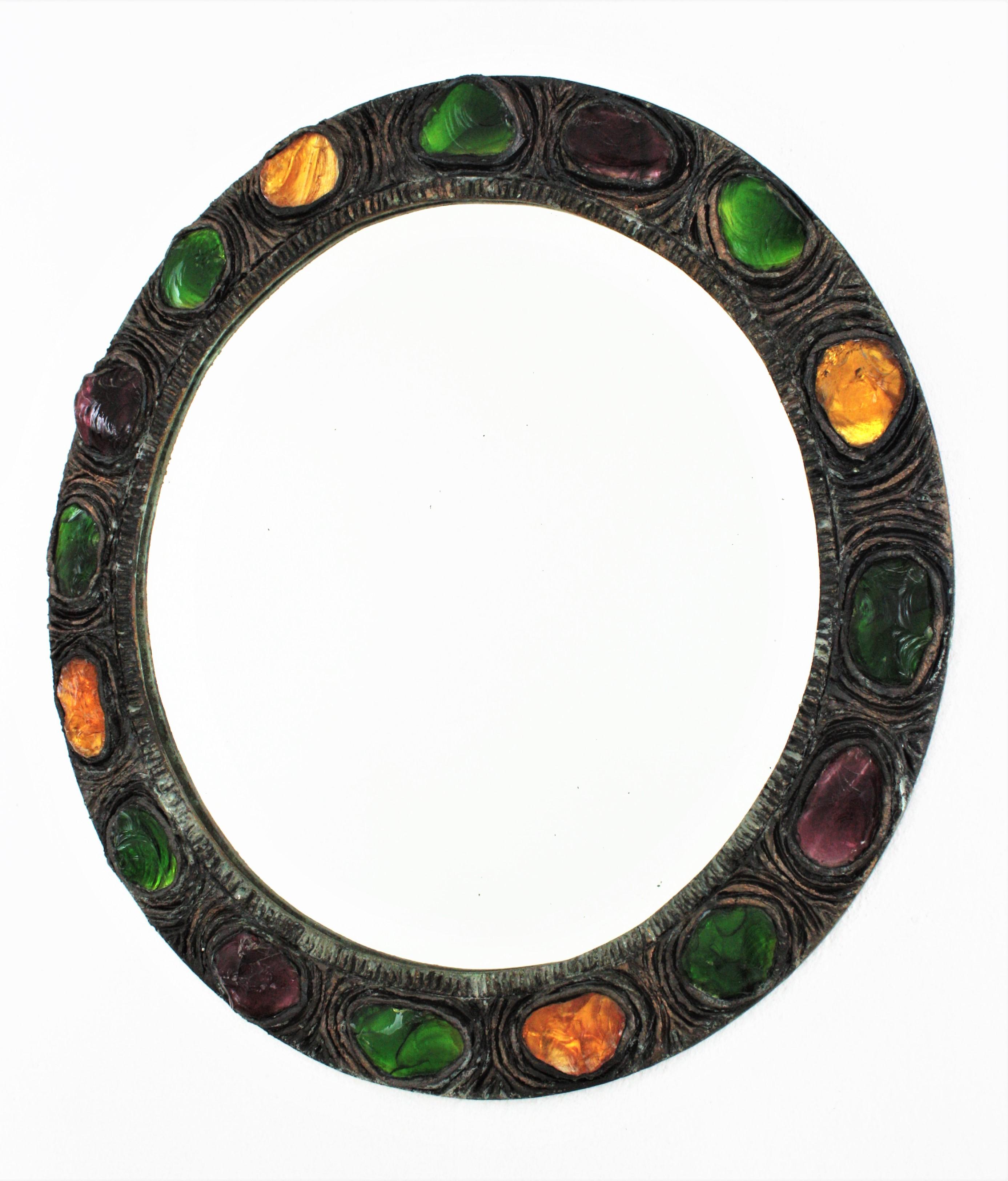 Round Wall Mirror with Multi Color Rock Crystals in Green, Yellow and Purple For Sale 1
