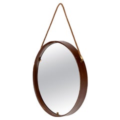 Round Wall Mirror with Leather Frame on a Rope, Italy Mid-20th Century