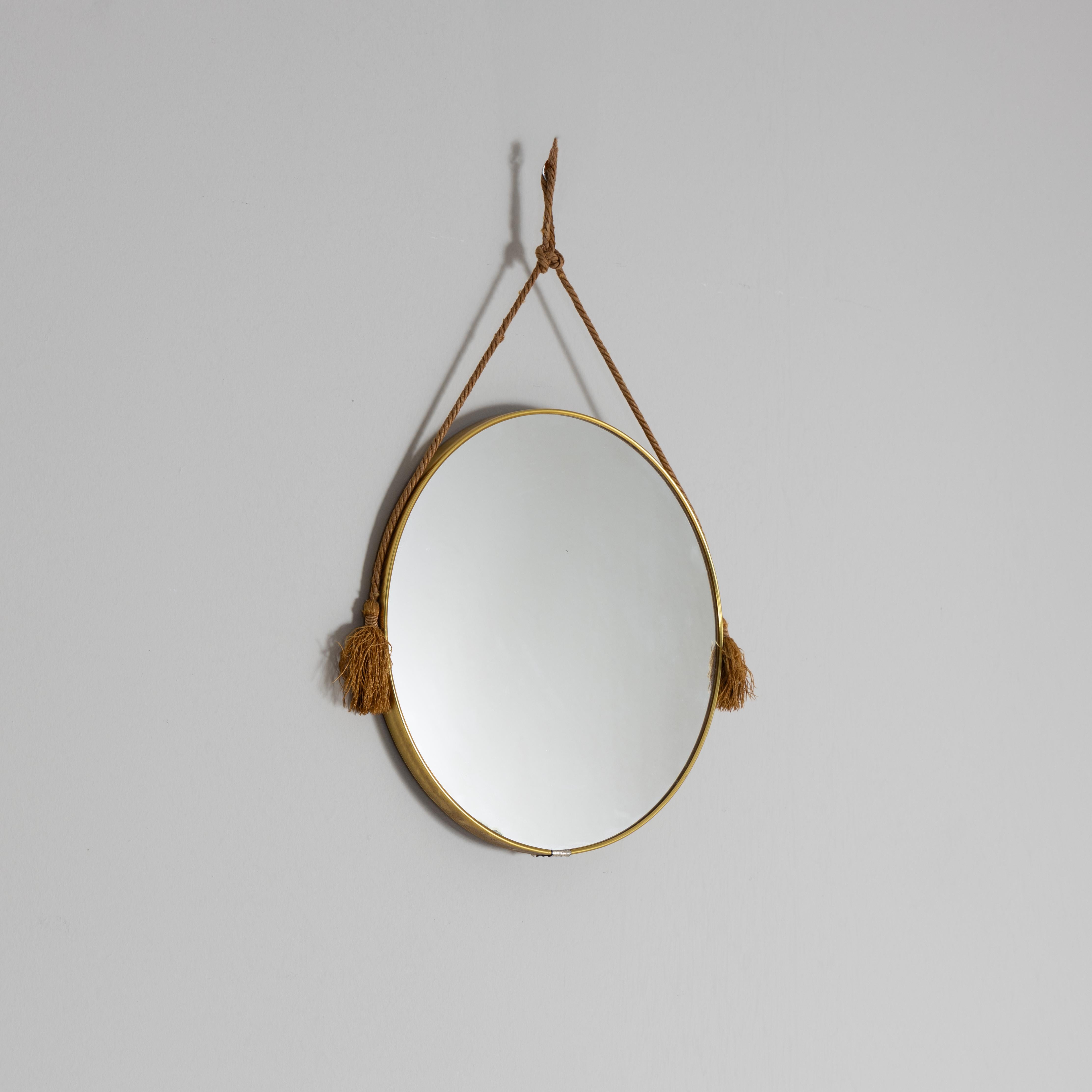 Mid-Century Modern Round wall mirror with rope, 1970 For Sale