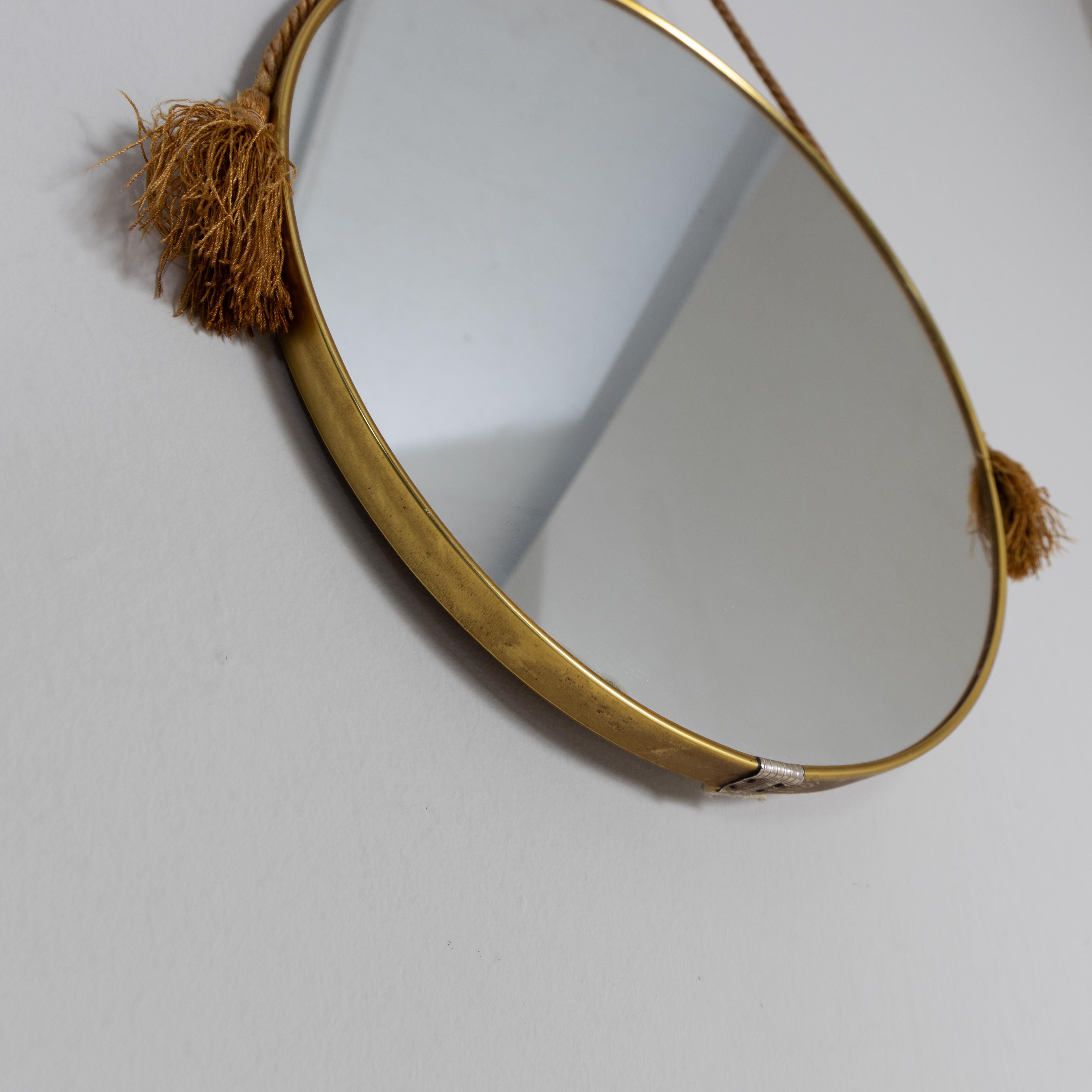 Brass Round wall mirror with rope, 1970 For Sale