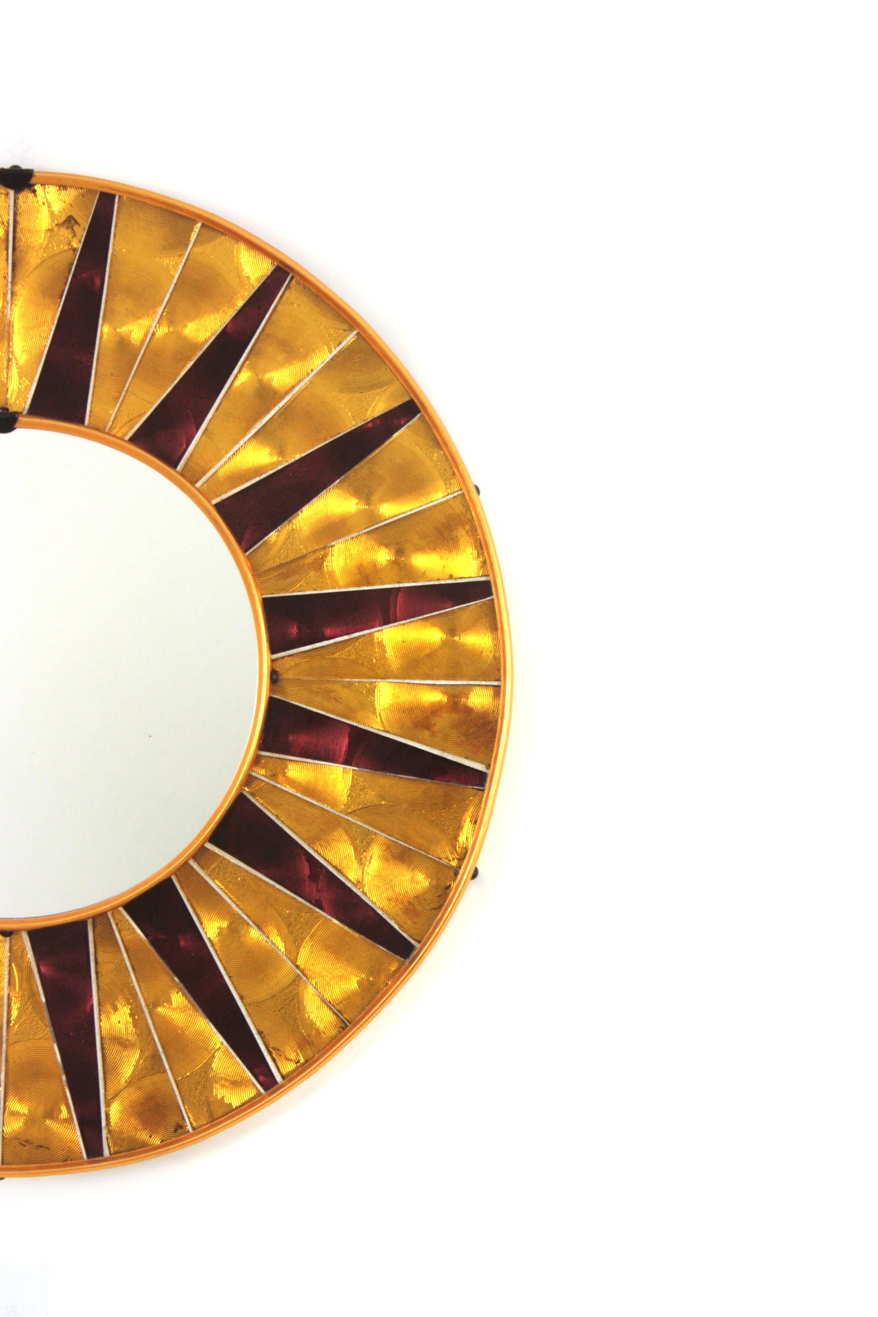 Sunburst Mosaic Round Wall Mirror with Golden Garnet Frame, Spain 1950 For Sale 5