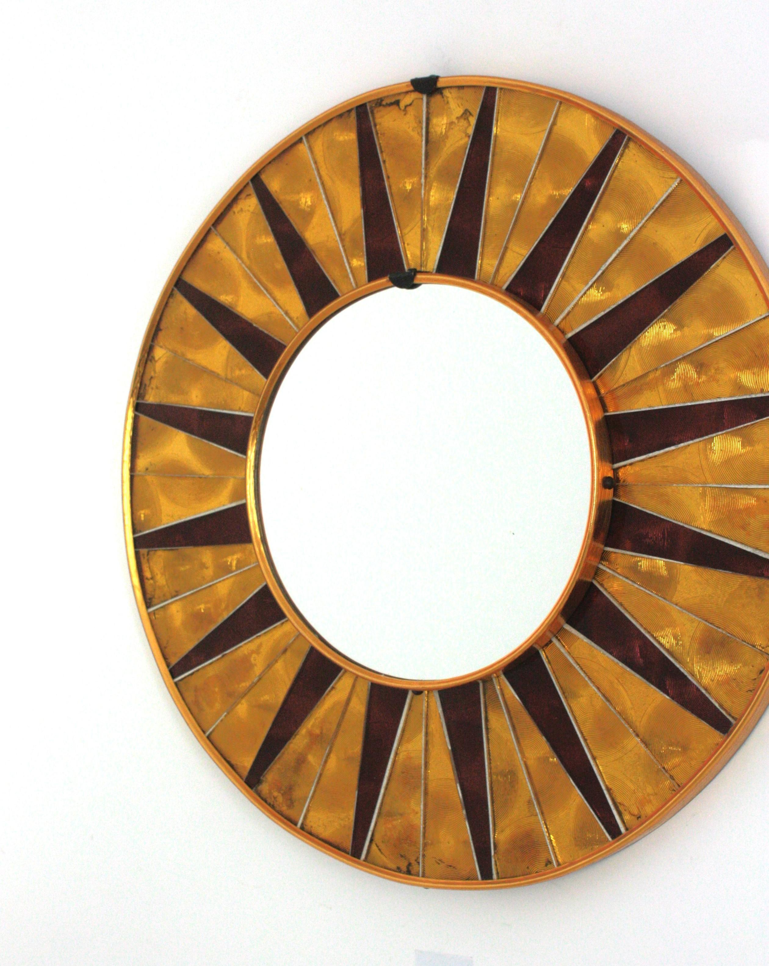 Sunburst Mosaic Round Wall Mirror with Golden Garnet Frame, Spain 1950 For Sale 6