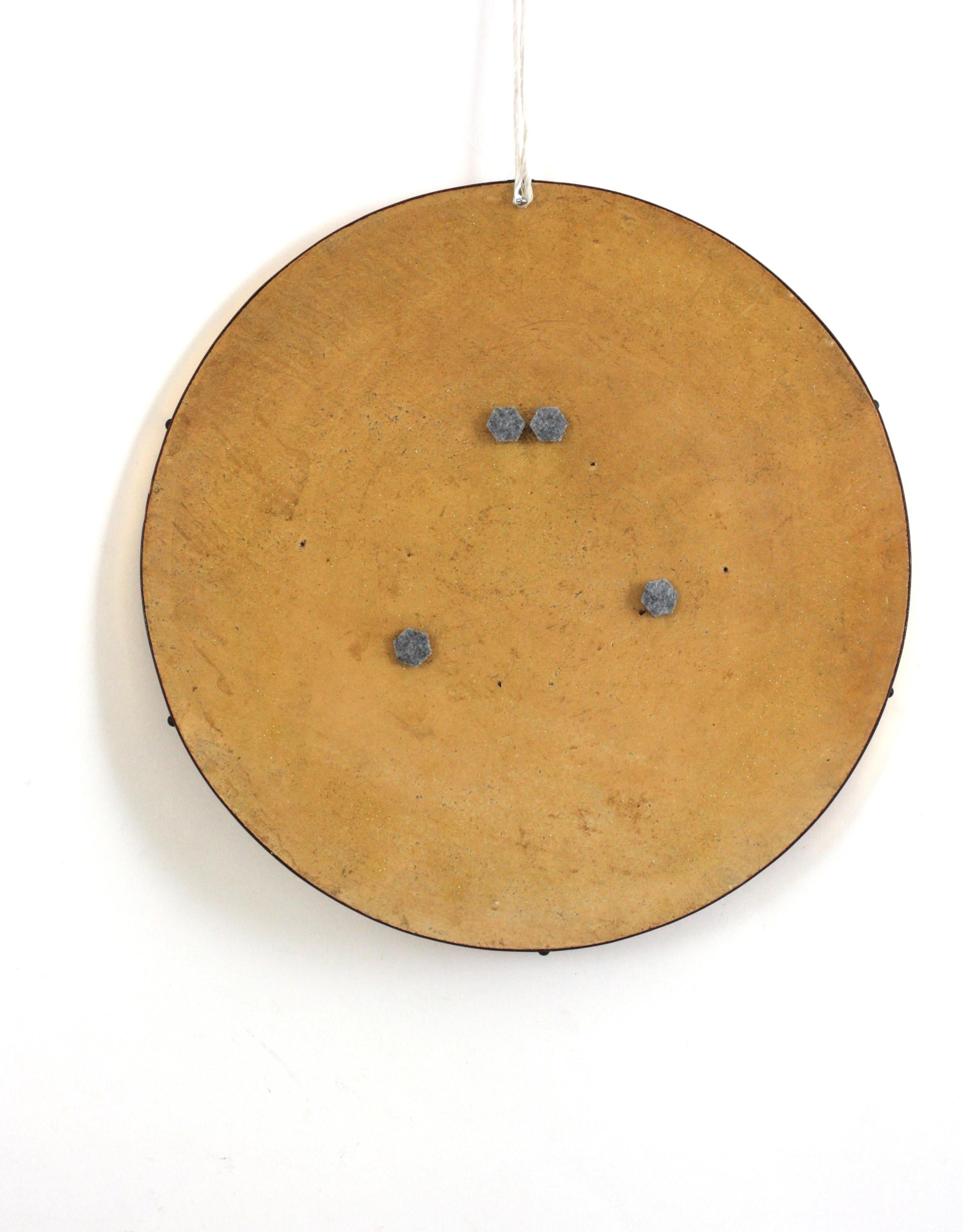 Sunburst Mosaic Round Wall Mirror with Golden Garnet Frame, Spain 1950 For Sale 8