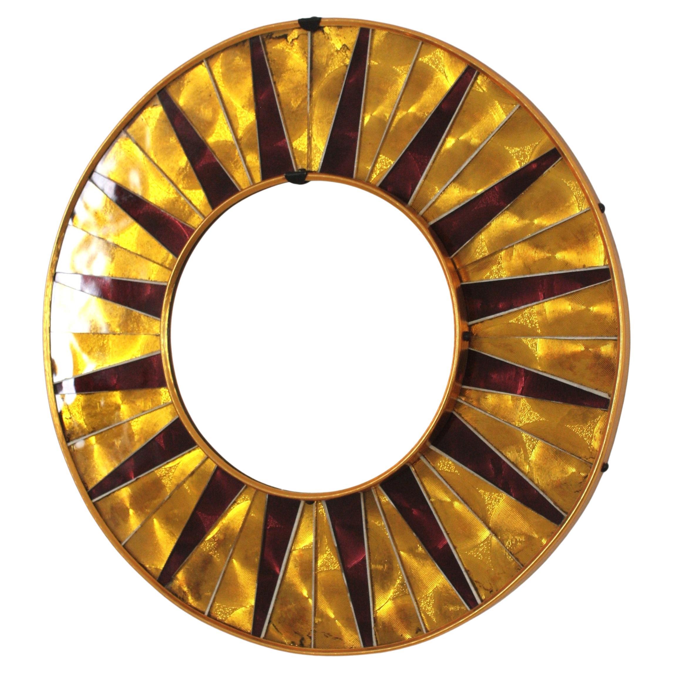 Spanish Sunburst Mosaic Round Wall Mirror with Golden Garnet Frame, Spain 1950 For Sale