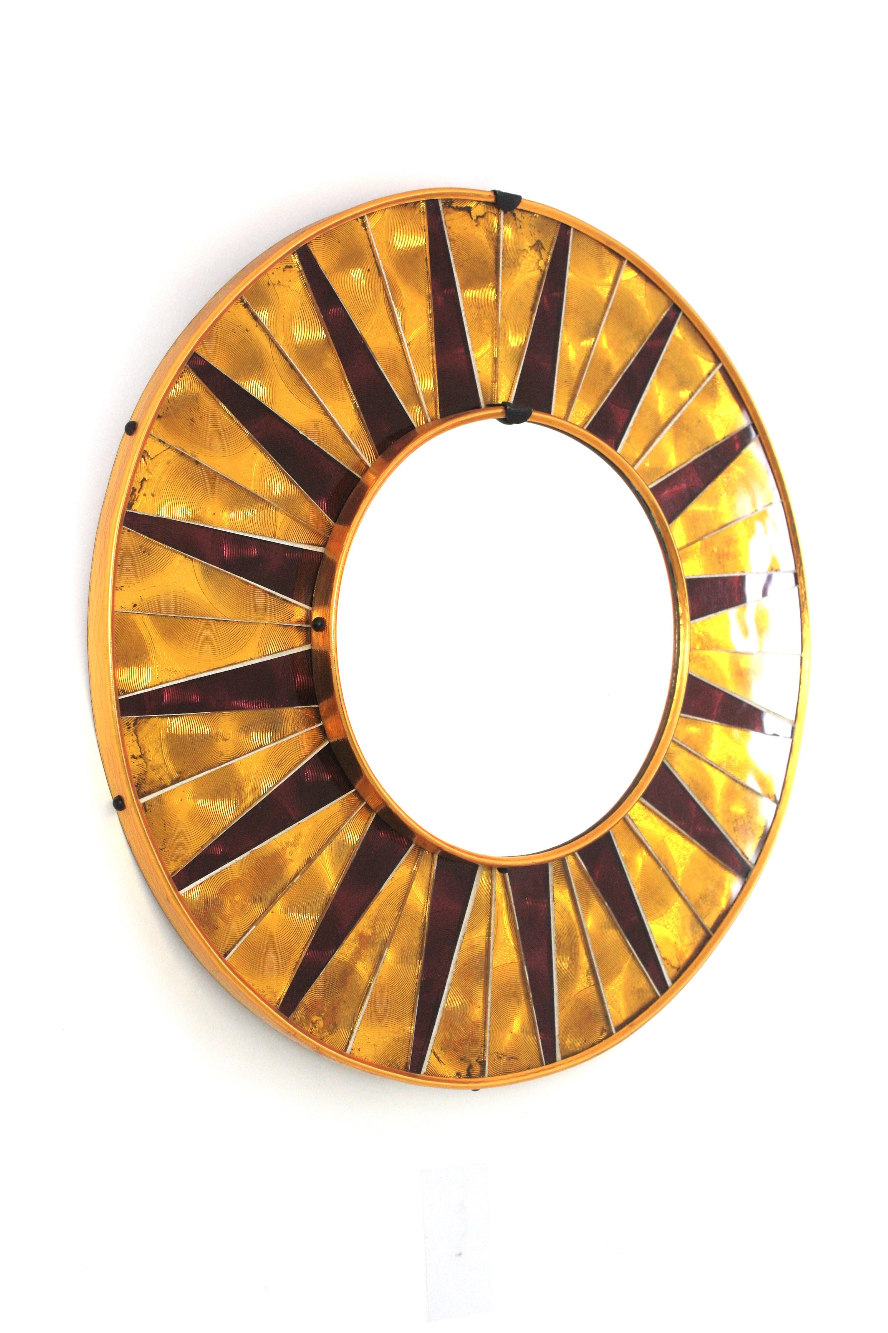 Brass Sunburst Mosaic Round Wall Mirror with Golden Garnet Frame, Spain 1950 For Sale