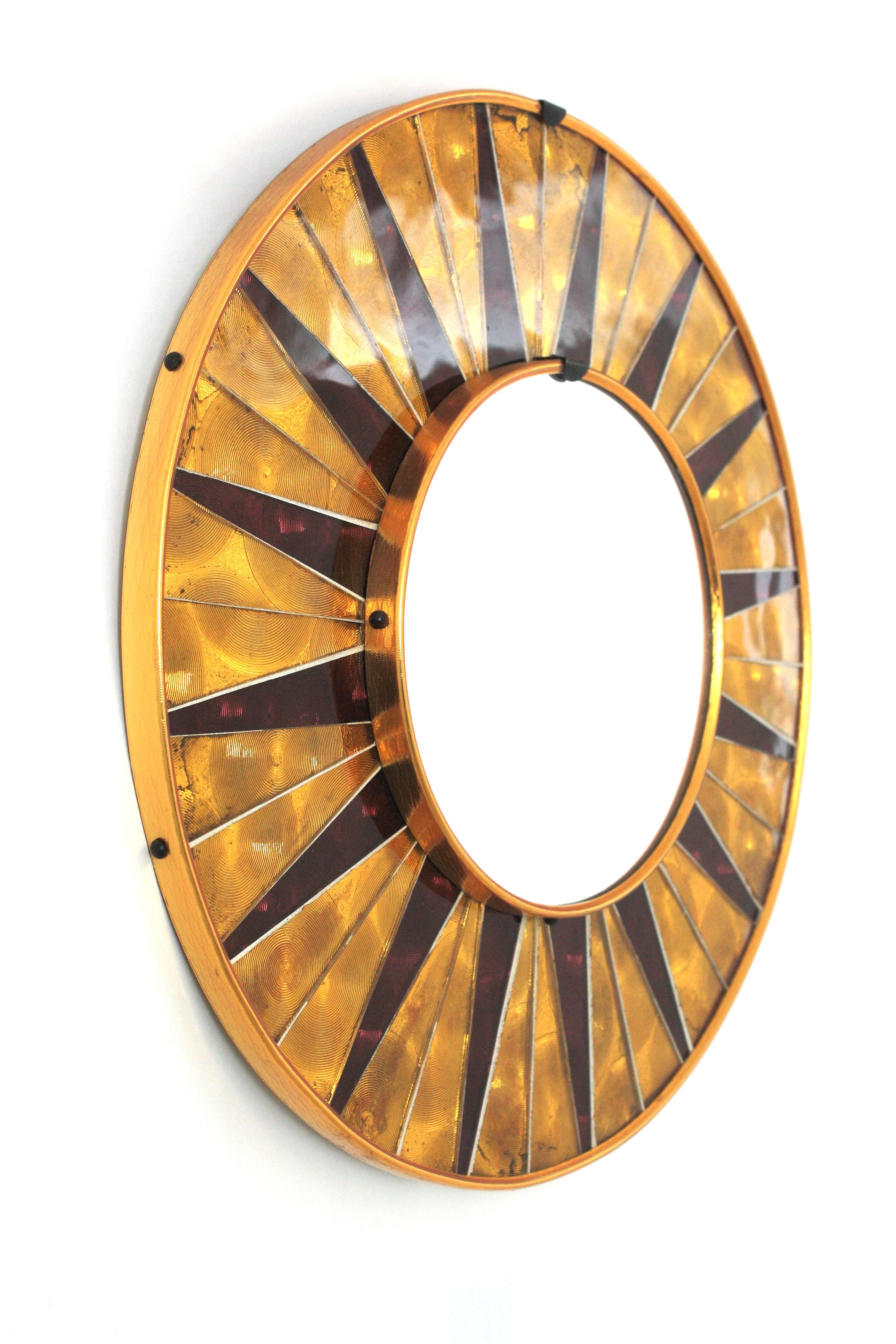 Sunburst Mosaic Round Wall Mirror with Golden Garnet Frame, Spain 1950 For Sale 2