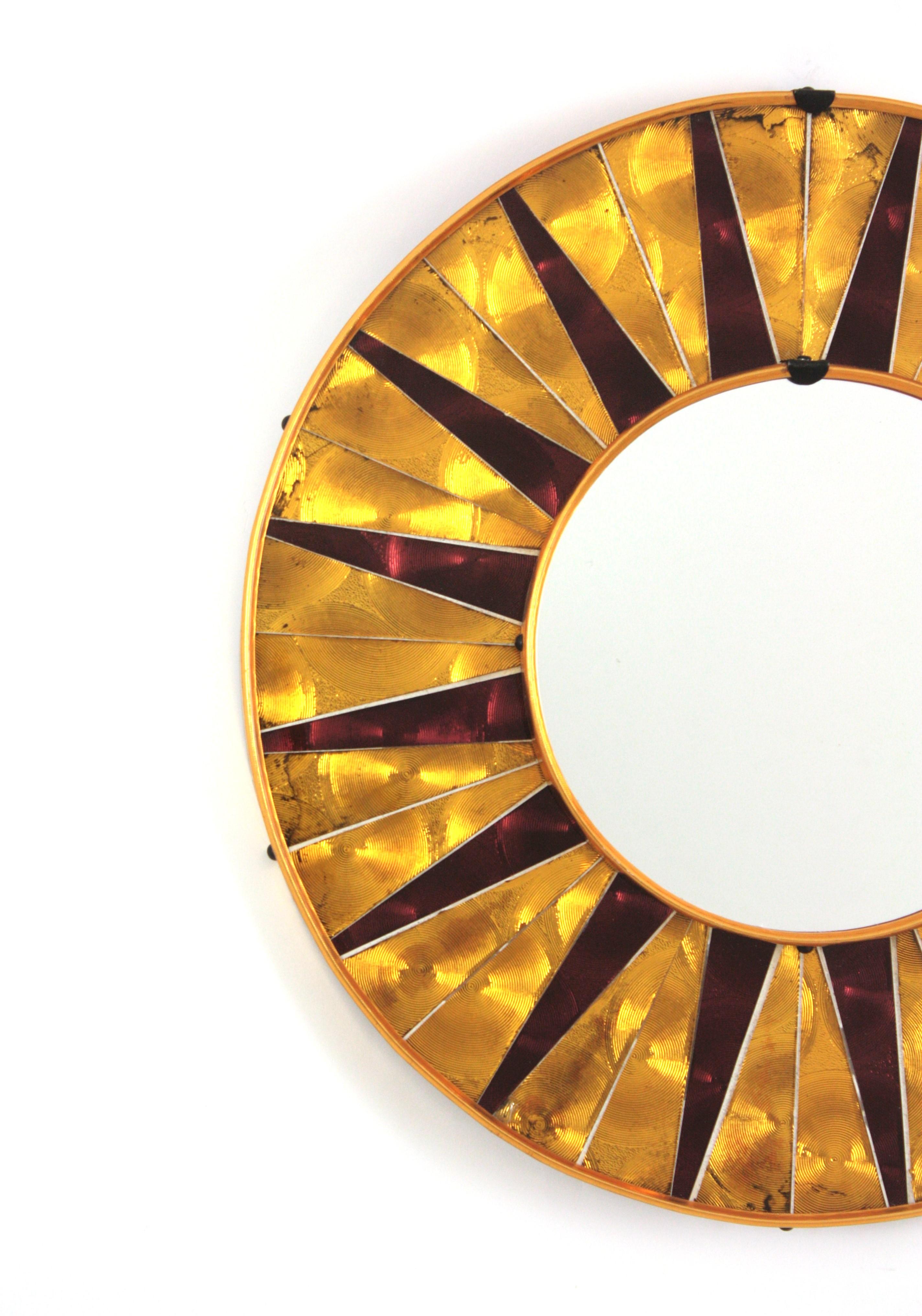 Sunburst Mosaic Round Wall Mirror with Golden Garnet Frame, Spain 1950 For Sale 3