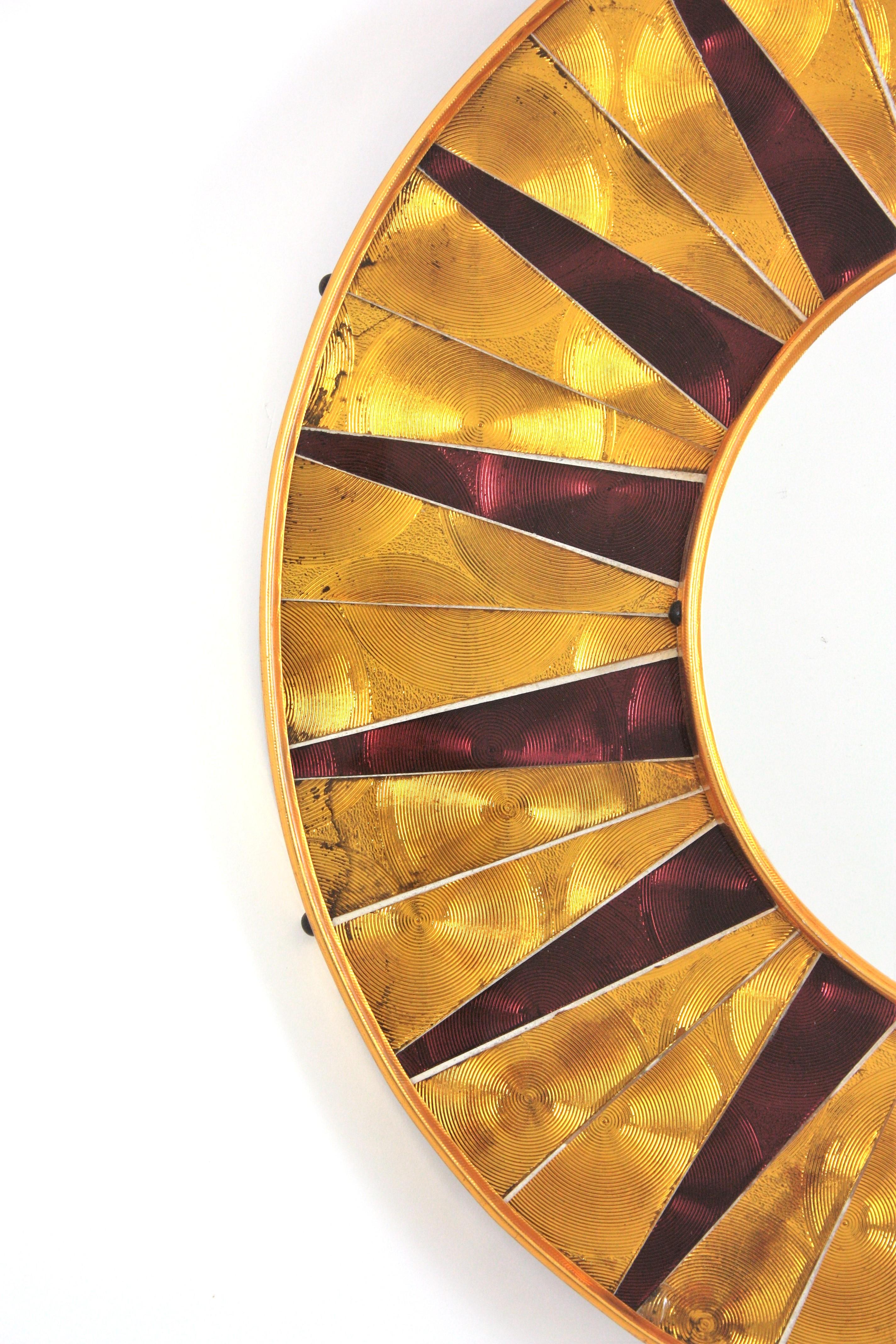 Sunburst Mosaic Round Wall Mirror with Golden Garnet Frame, Spain 1950 For Sale 4