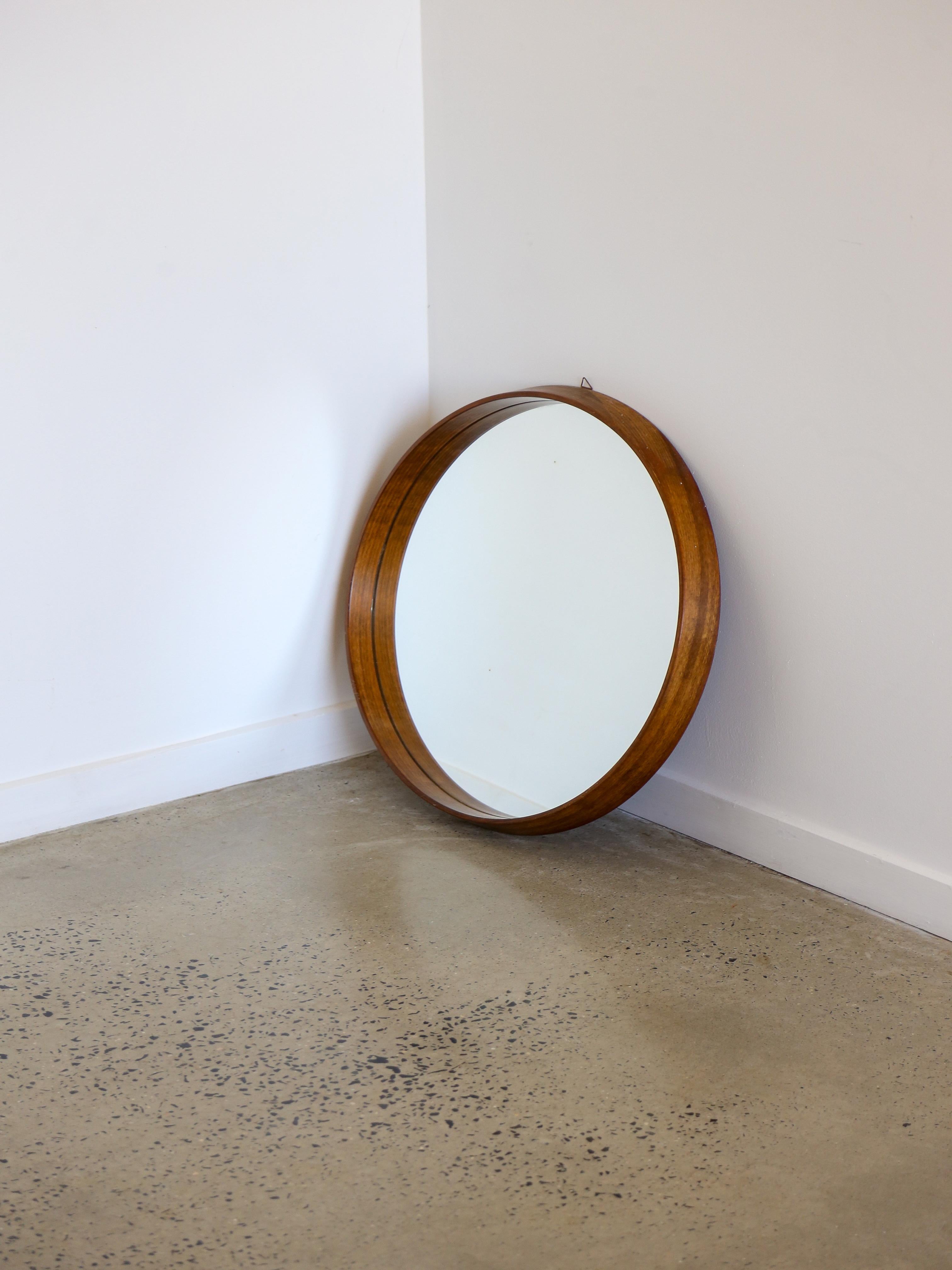 Mid-Century Modern Round Wall Mirror with Teakwood Frame For Sale