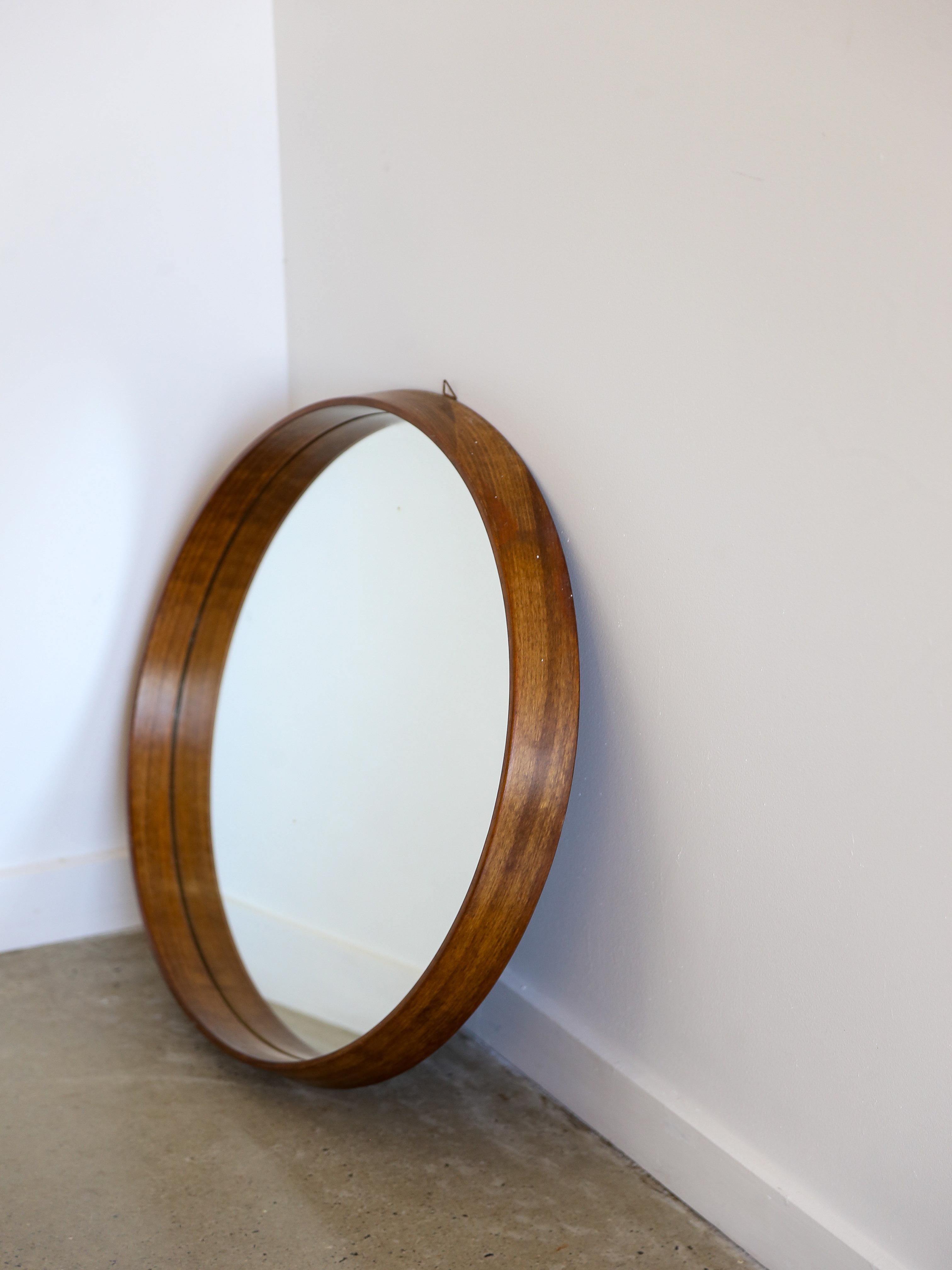 Italian Round Wall Mirror with Teakwood Frame For Sale