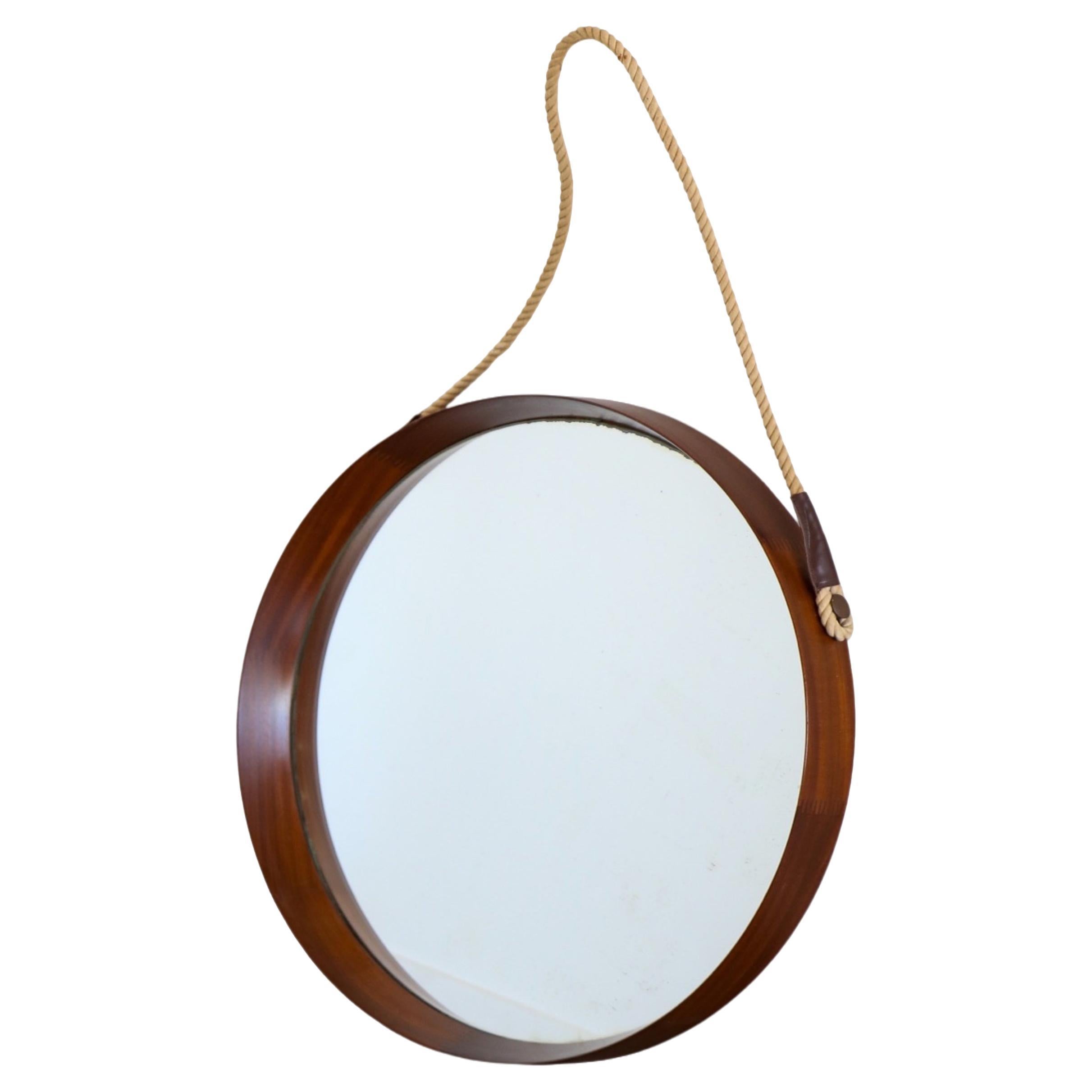 Round Wall Mirror with Teakwood Frame For Sale