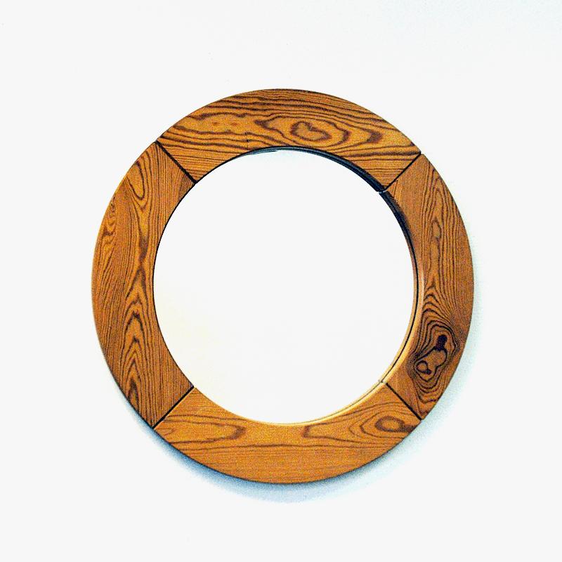 Lacquered Round Wall pine mirror 60 cmD by Glasmäster Markaryd 1950s Sweden