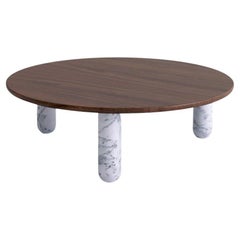 Round Walnut and White Marble "Sunday" Coffee Table, Jean-Baptiste Souletie