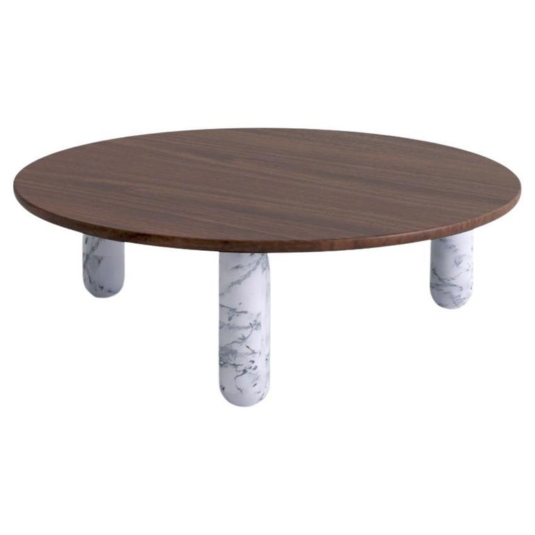 Round Walnut and White Marble "Sunday" Coffee Table, JeanBaptiste