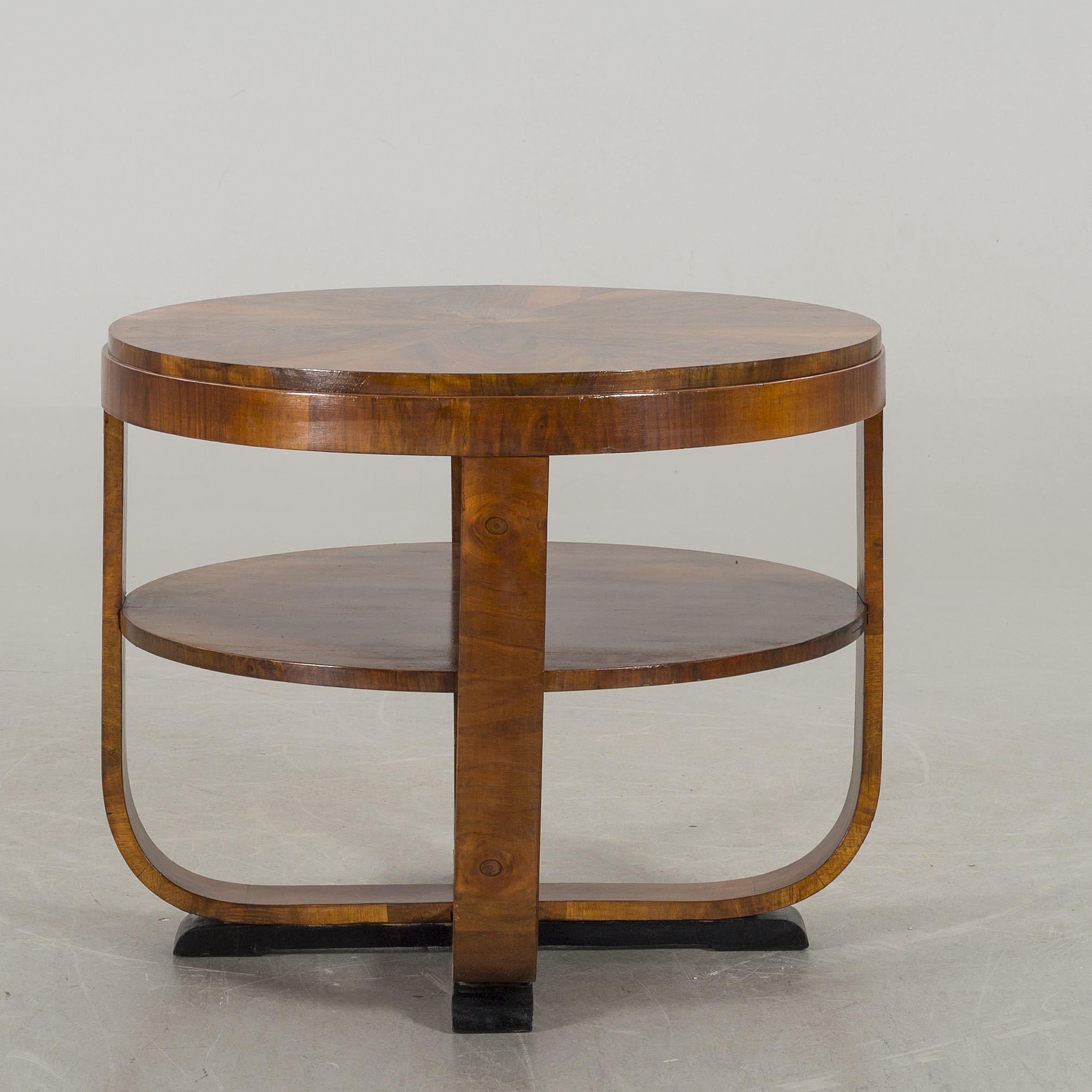 Scandinavian Round Walnut Art Deco Style Side Table with Ebonized Feet