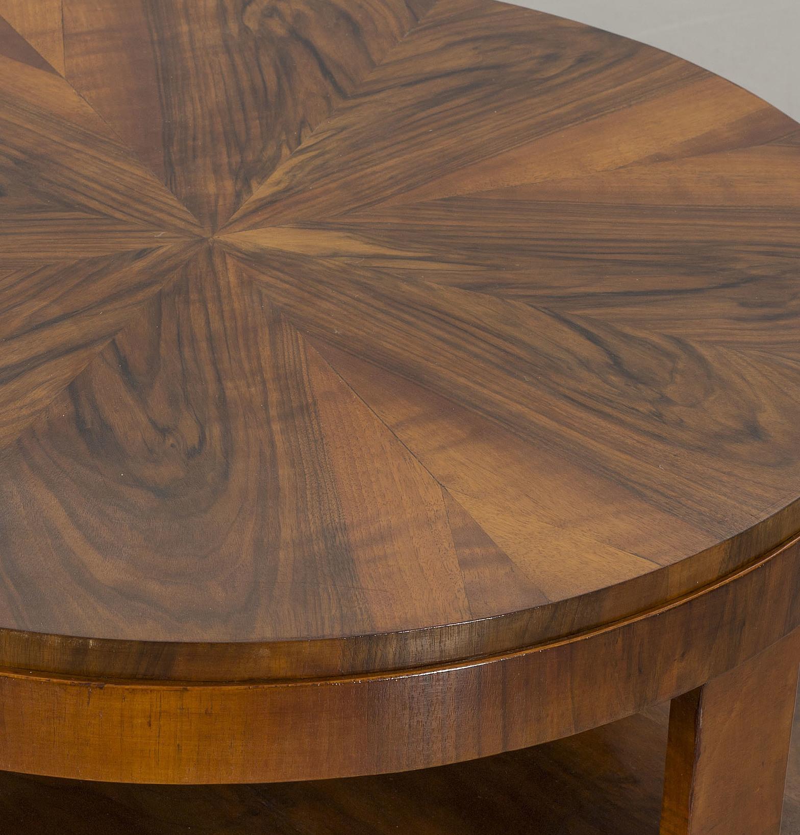 Veneer Round Walnut Art Deco Style Side Table with Ebonized Feet