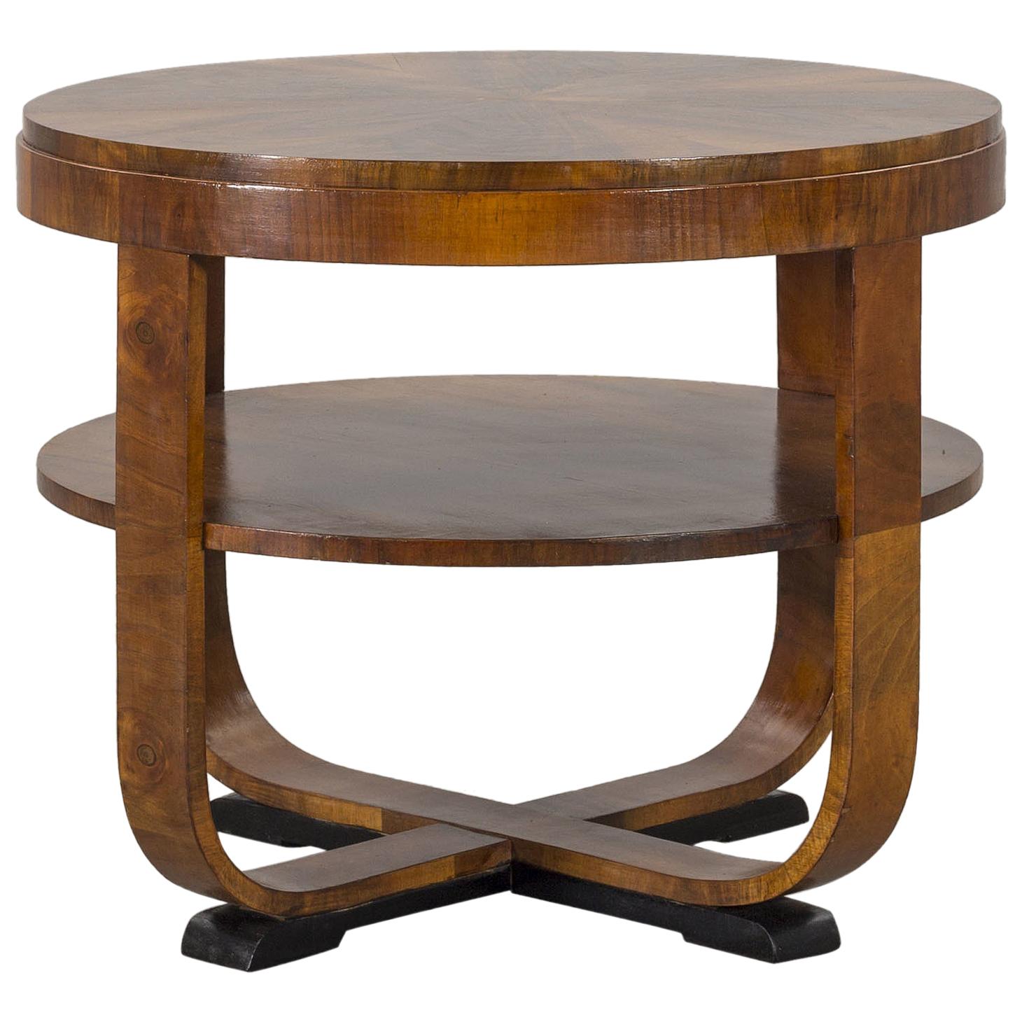 Round Walnut Art Deco Style Side Table with Ebonized Feet