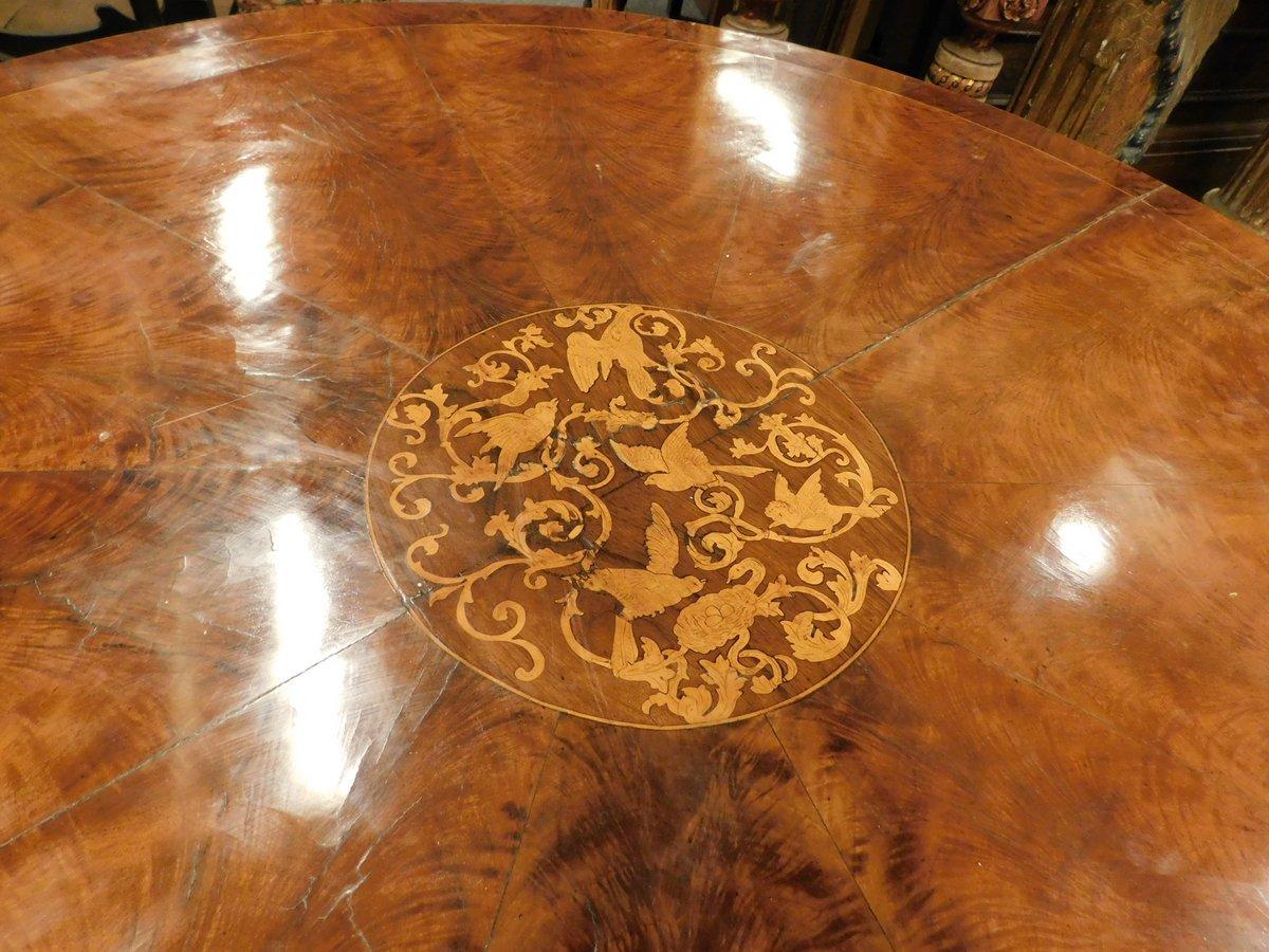 Inlay Round walnut center table with inlay, carved leg, Italy For Sale