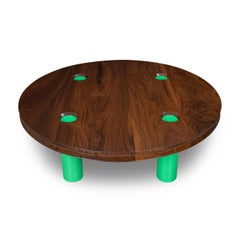 Round Walnut Coffee Table with Recessed Cylindrical Green Legs