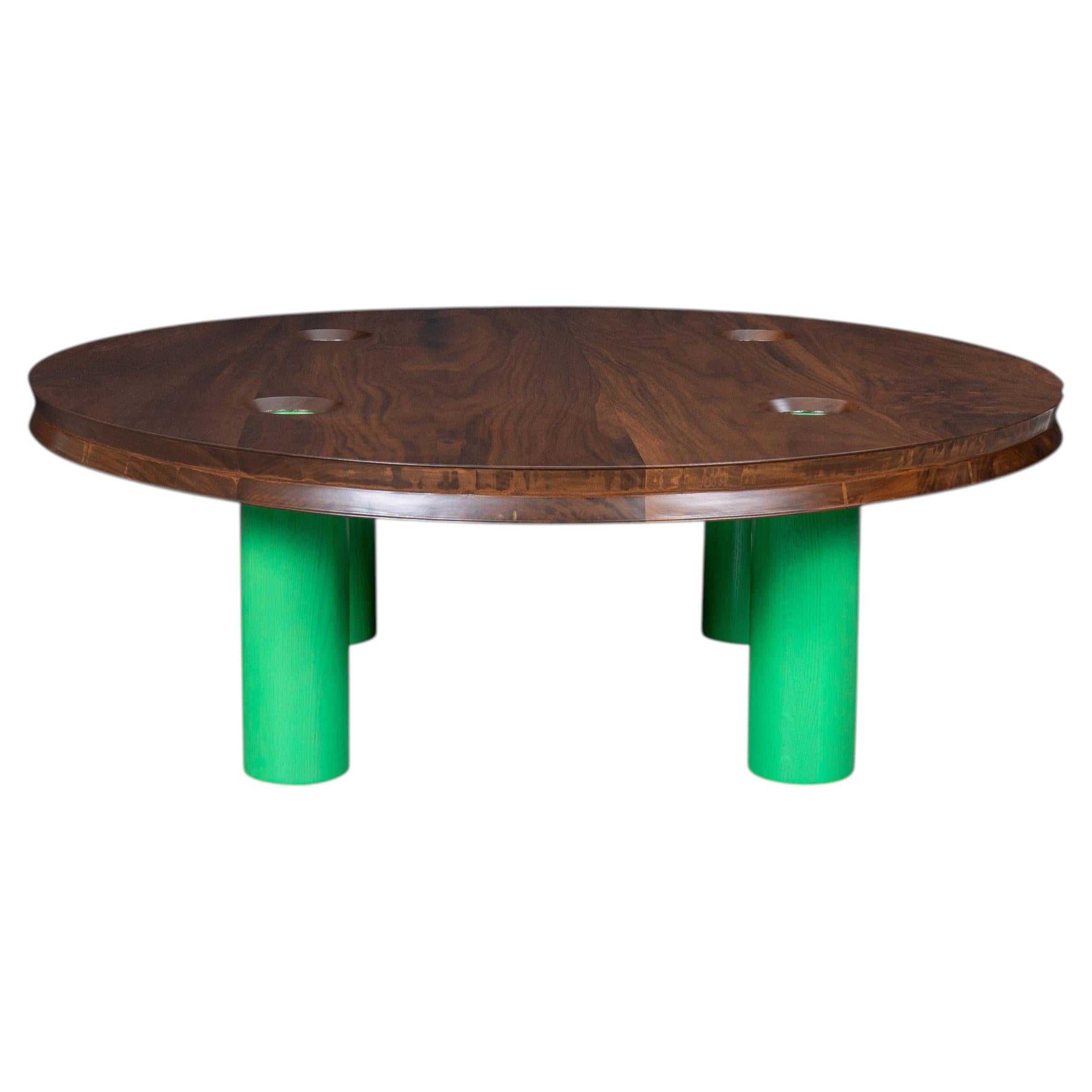 Round Walnut Coffee Table with Recessed Cylindrical Green Legs For Sale
