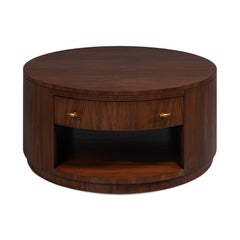 Round Walnut Drum Coffee Table with Storage Drawer