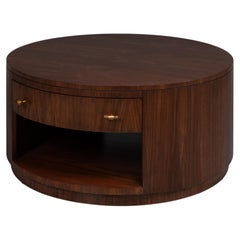 Round Walnut Drum Coffee Table with Storage Drawer