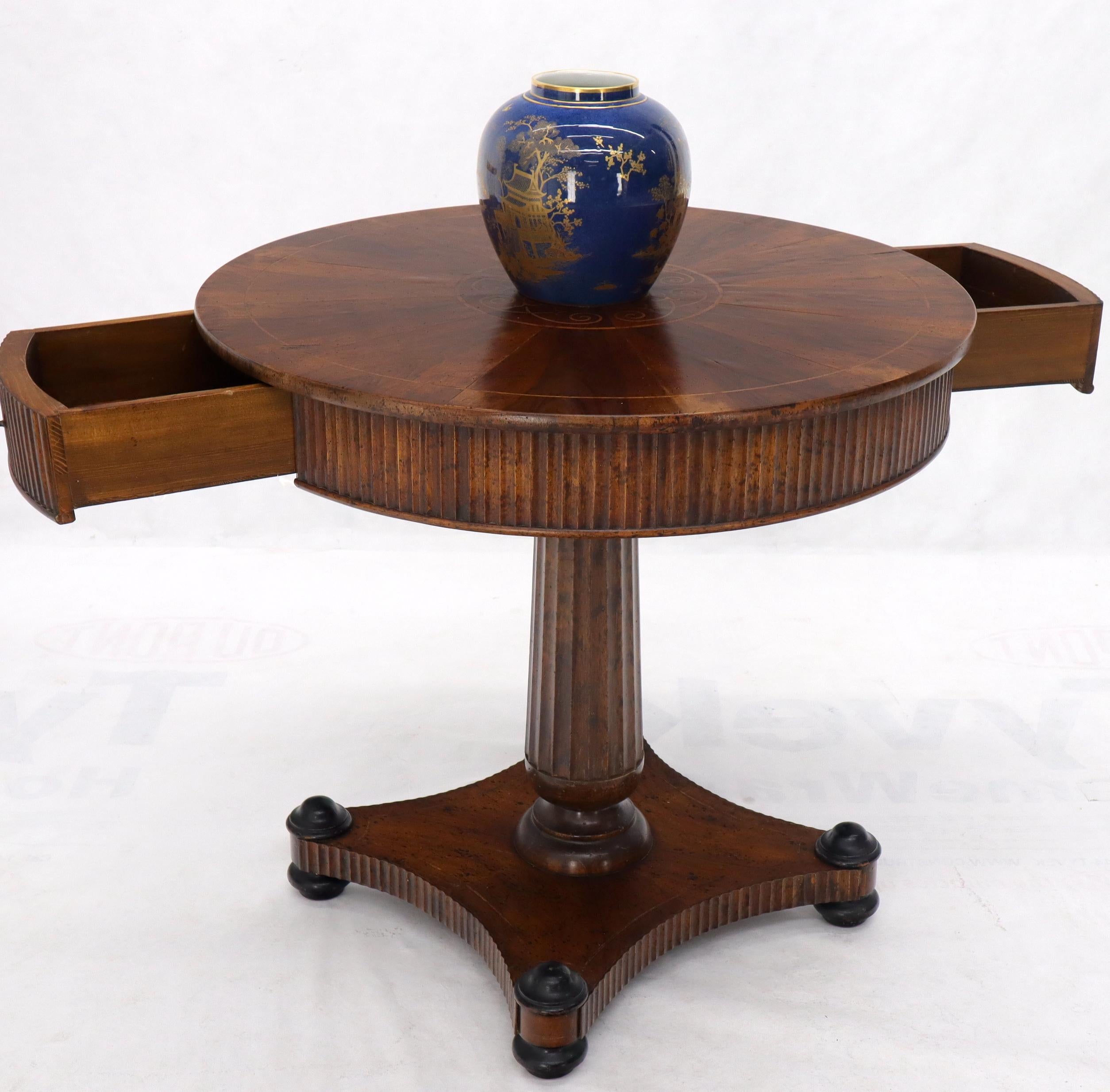 Round Walnut Inlay Top Lamp Table Stand Gueridon Two Drawers 4