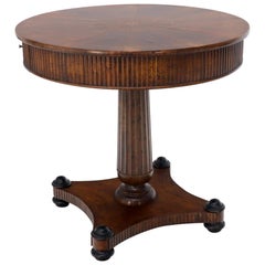 Round Walnut Inlay Top Lamp Table Stand Gueridon Two Drawers