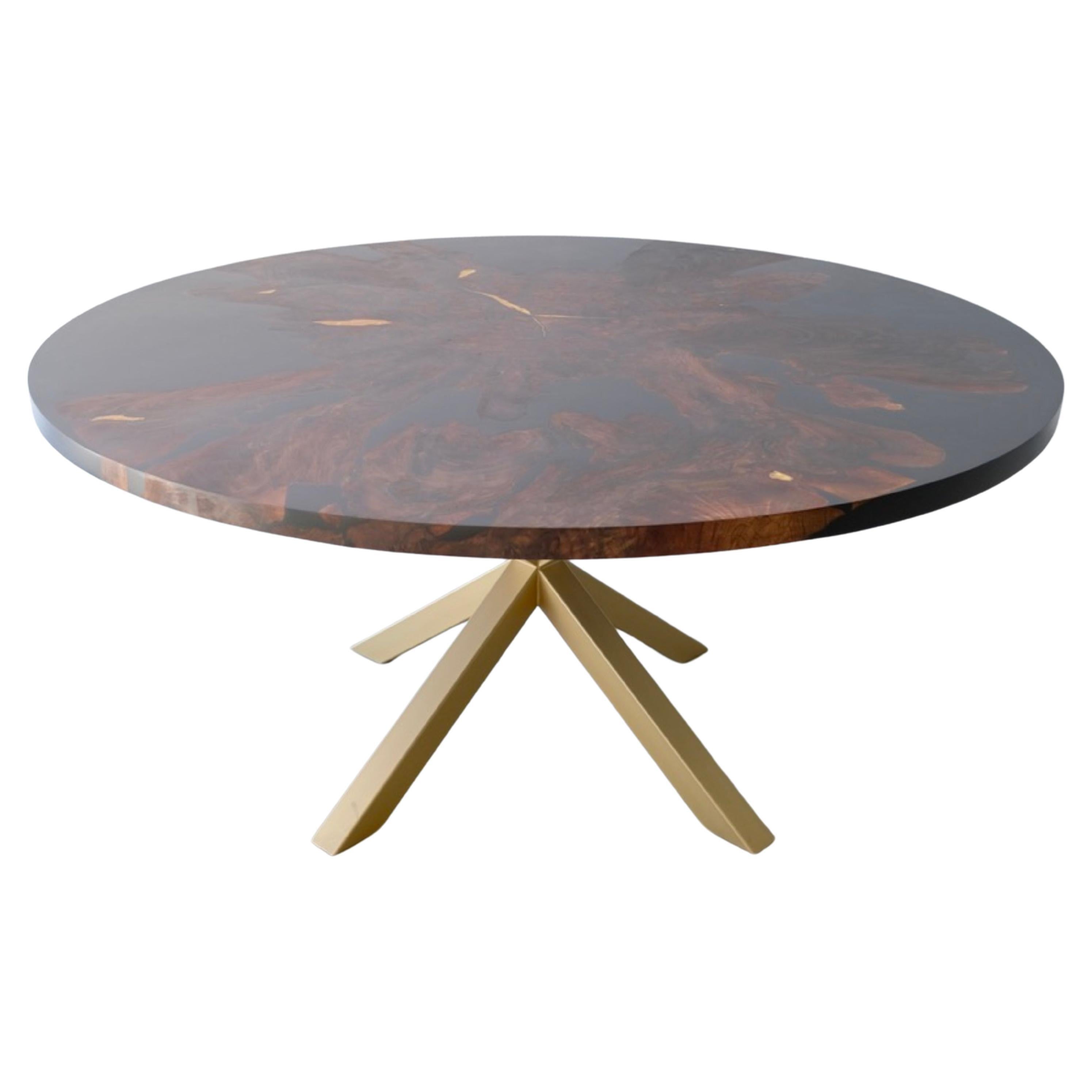Organic Modern Round Walnut Live Edge Dining Table with Black Epoxy For Sale