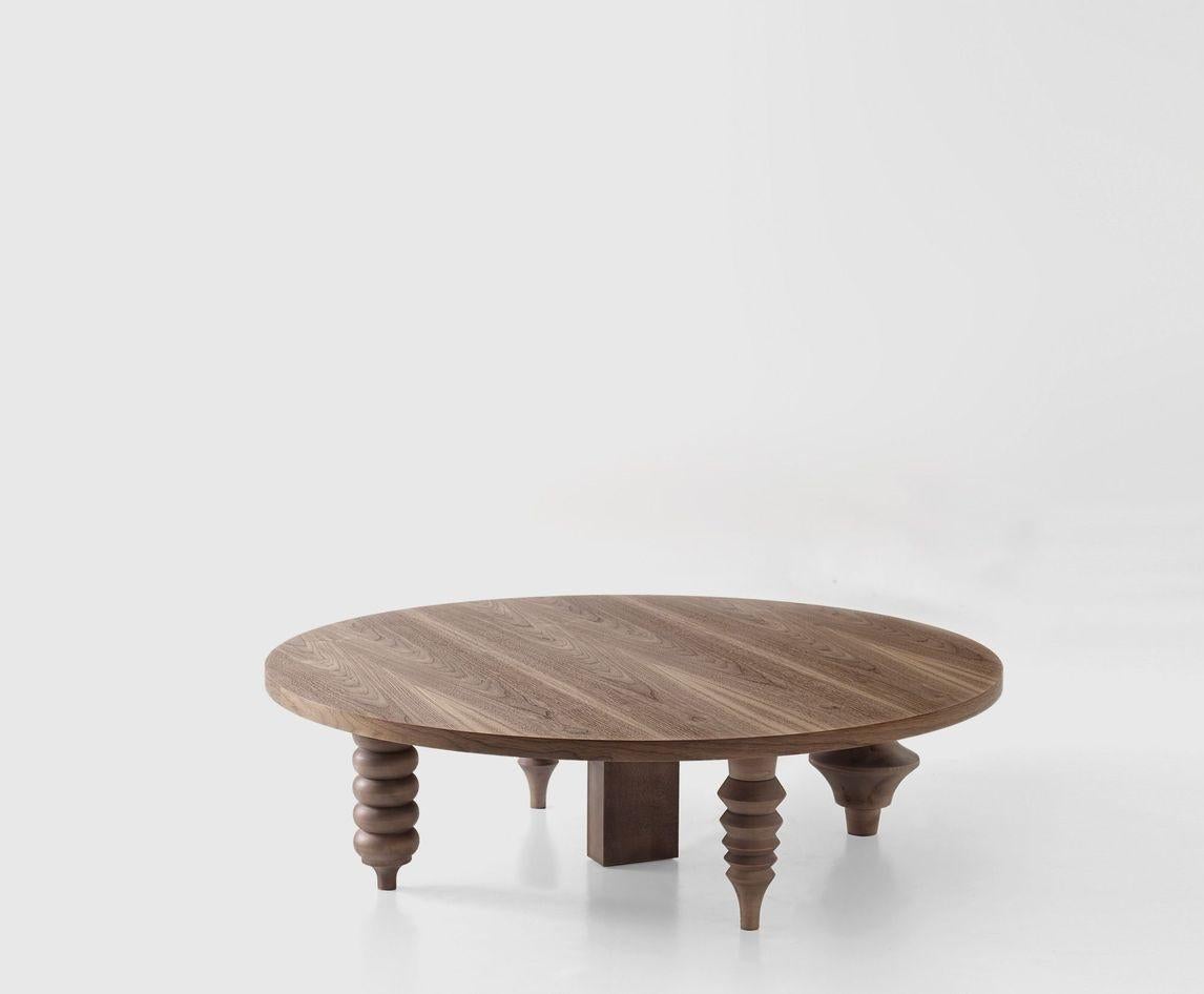 Round walnut multileg low table by Jaime Hayon
Dimensions: Diameter 120 x height 35 cm 
Materials: Table top in MDF veneered in walnut nature effect (NG EN). Legs are made in solid lacquered or stained wood to match with the table top.
Available in