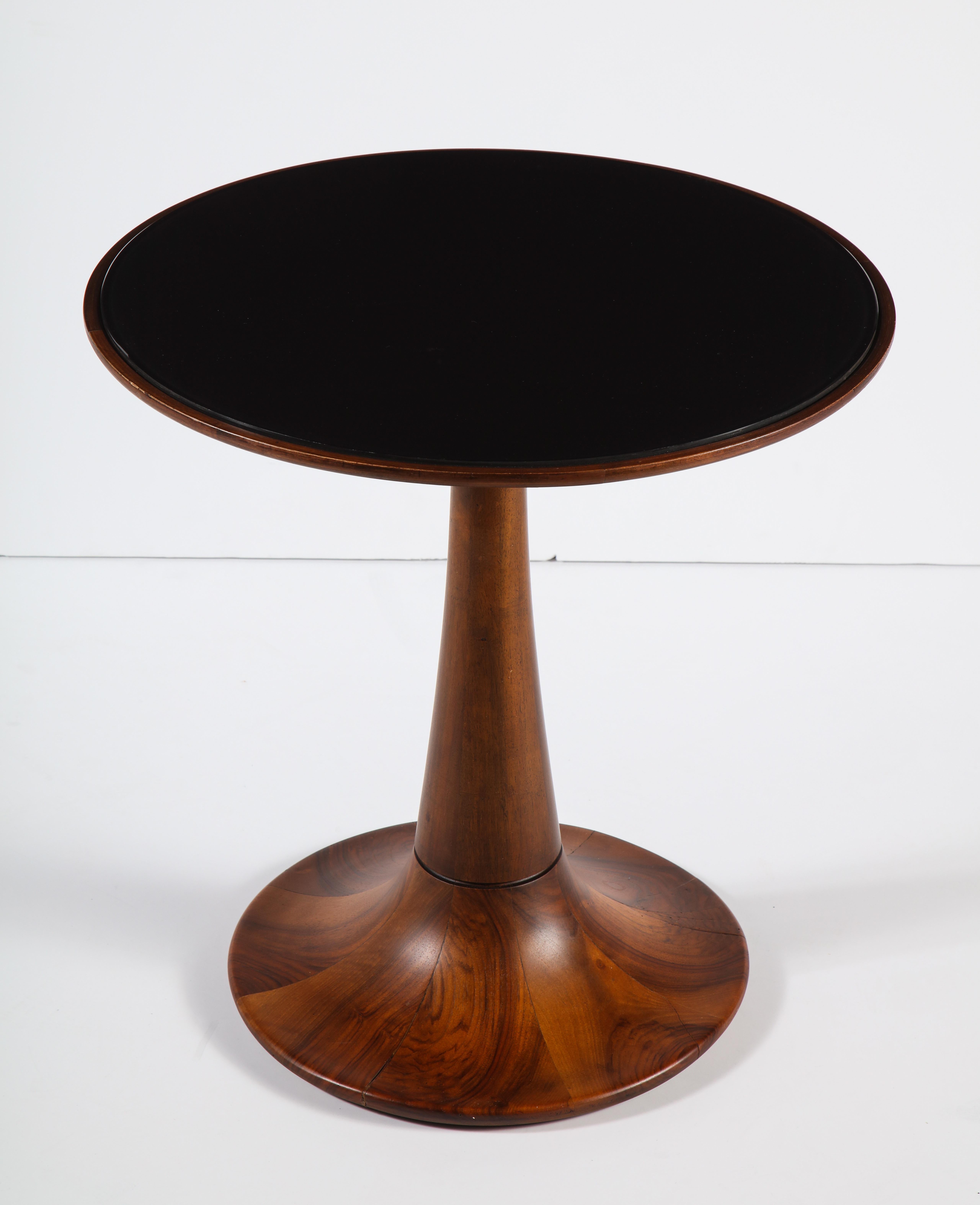 Mid-Century Modern Round Walnut Side Table with Black Glass Top, Italy, 1950s