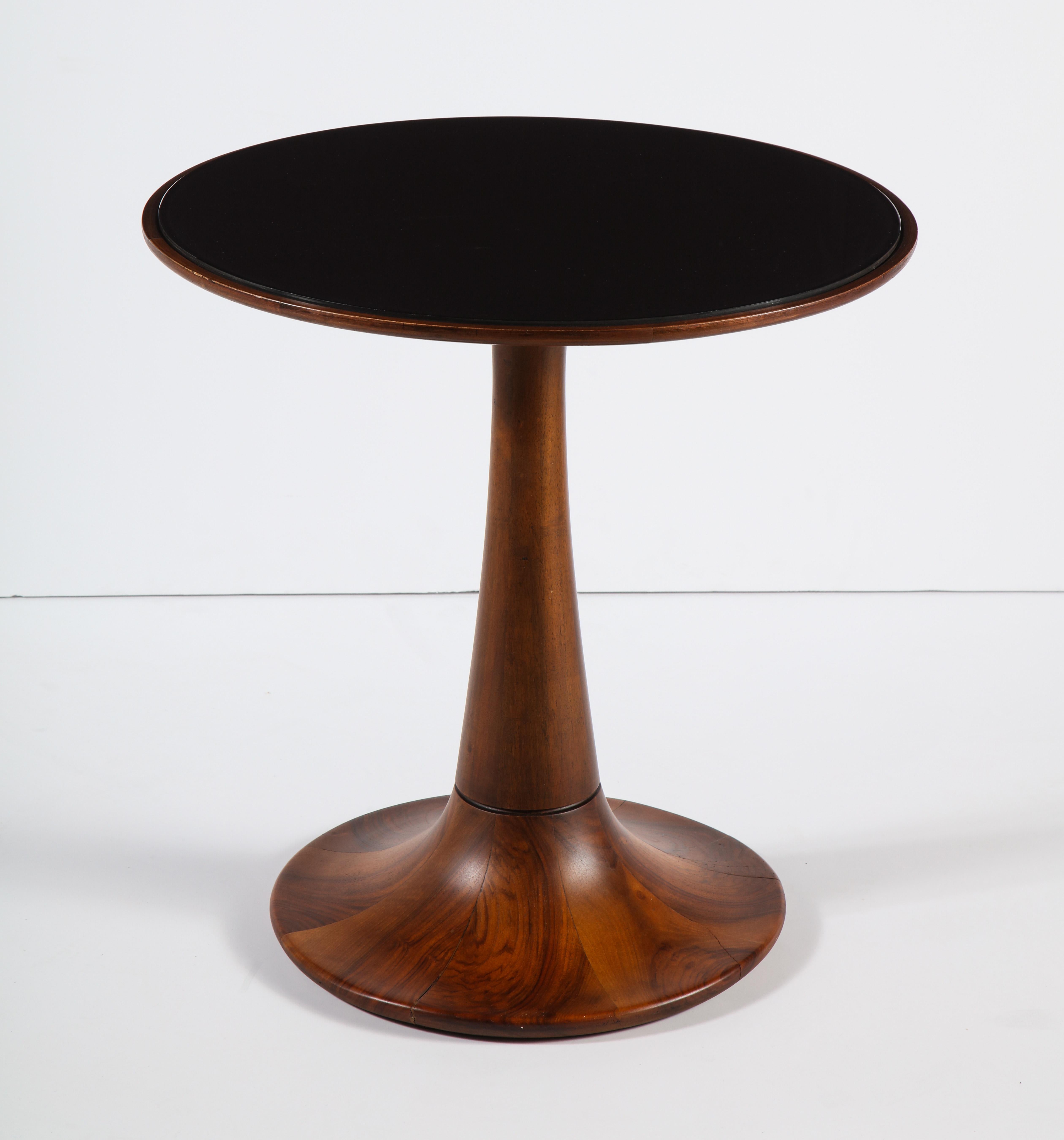 Italian Round Walnut Side Table with Black Glass Top, Italy, 1950s