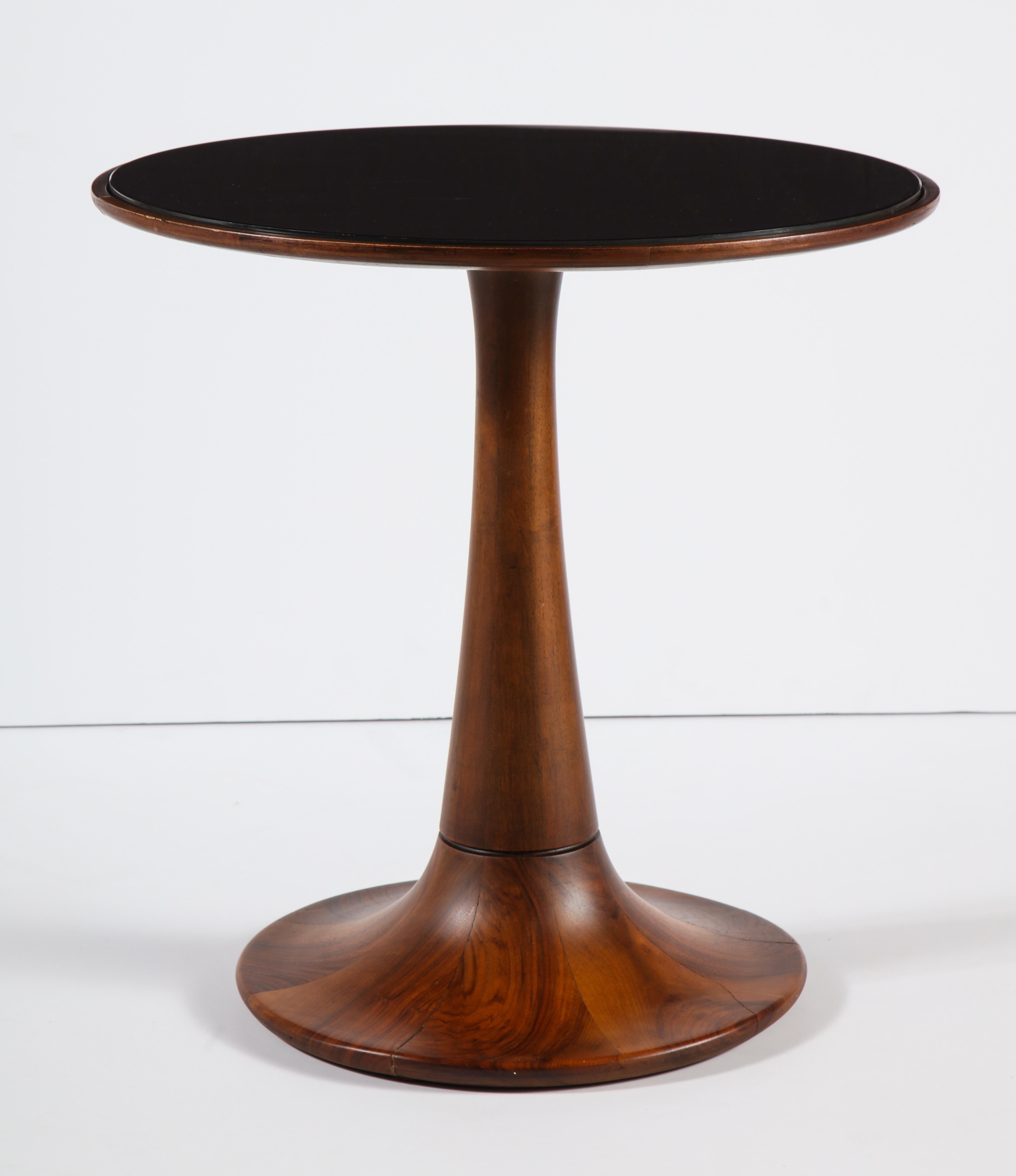 Round Walnut Side Table with Black Glass Top, Italy, 1950s In Good Condition In New York, NY