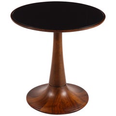 Round Walnut Side Table with Black Glass Top, Italy, 1950s