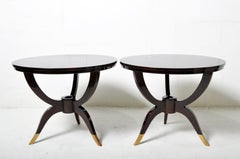 Round Walnut Side Tables with Brass-Capped Feet